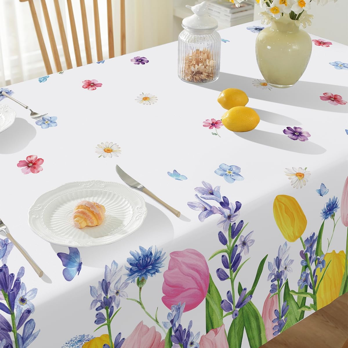 SASTYBALE Spring Floral Tablecloth Rectangle, Washable Tulip Lavender Table Cloth Polyester, Spill Proof Wrinkle Resistant Table Cover for Picnic, Party, Dinner Outdoor Decor (Rectangle, 52" x 70")