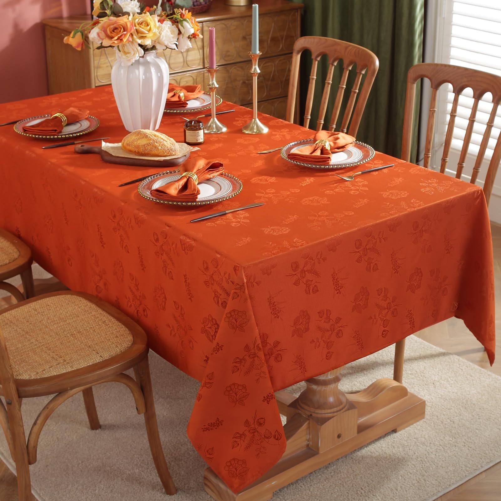 Fall Jacquard Tablecloth Elegant Damask Fabric Thanksgiving Table Cloth, Spillproof Wrinkle Resistant Vintage Table Cover for Harvest, 52 x 52 Inch Amber