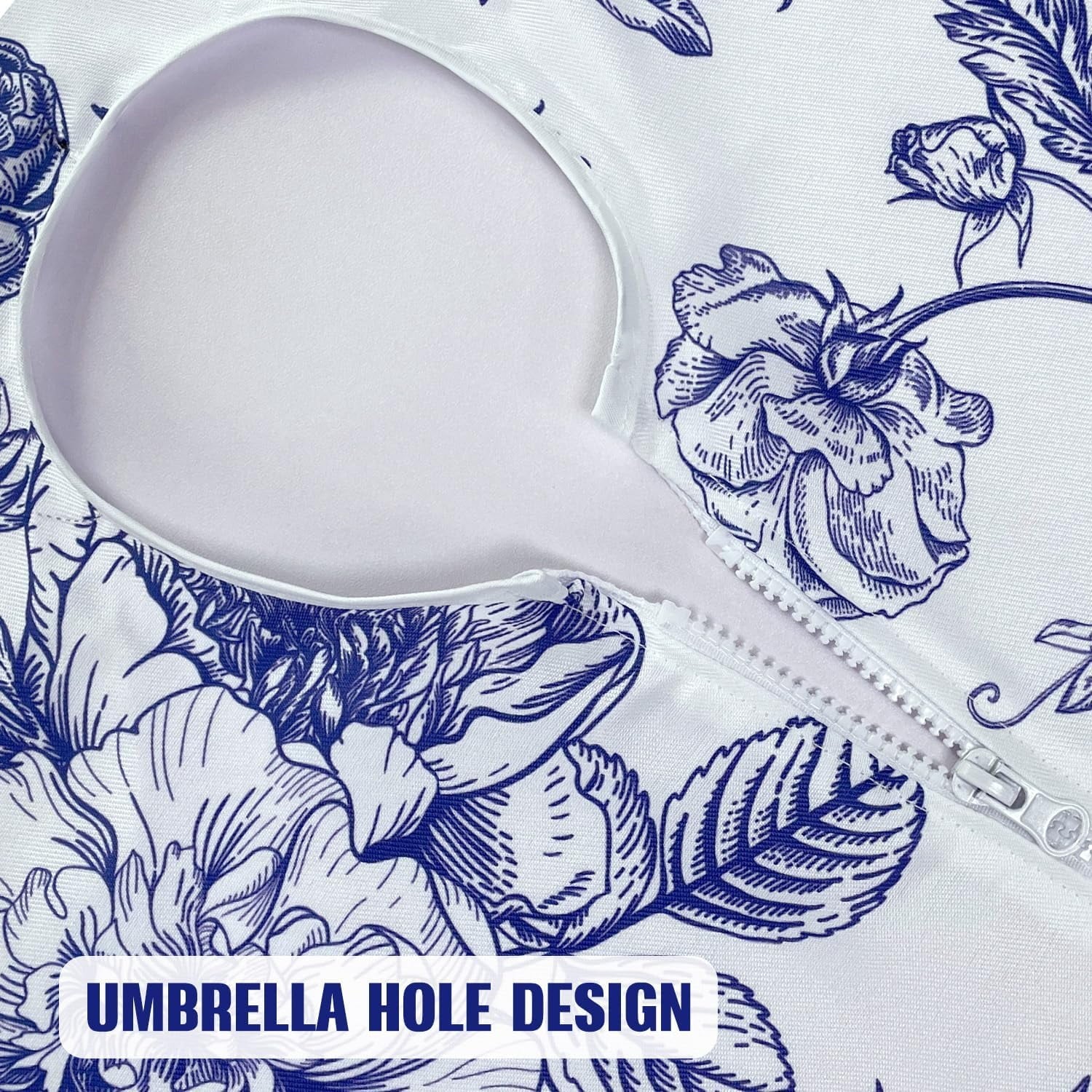 Rectangle Tablecloth with Umbrella Hole and Zipper, Spill Proof Wrinkle Free Table Cloth, Washable Polyester Patio Table Cover for Outdoor Picnic BBQS(Blue and White,52 x 70 Inch)