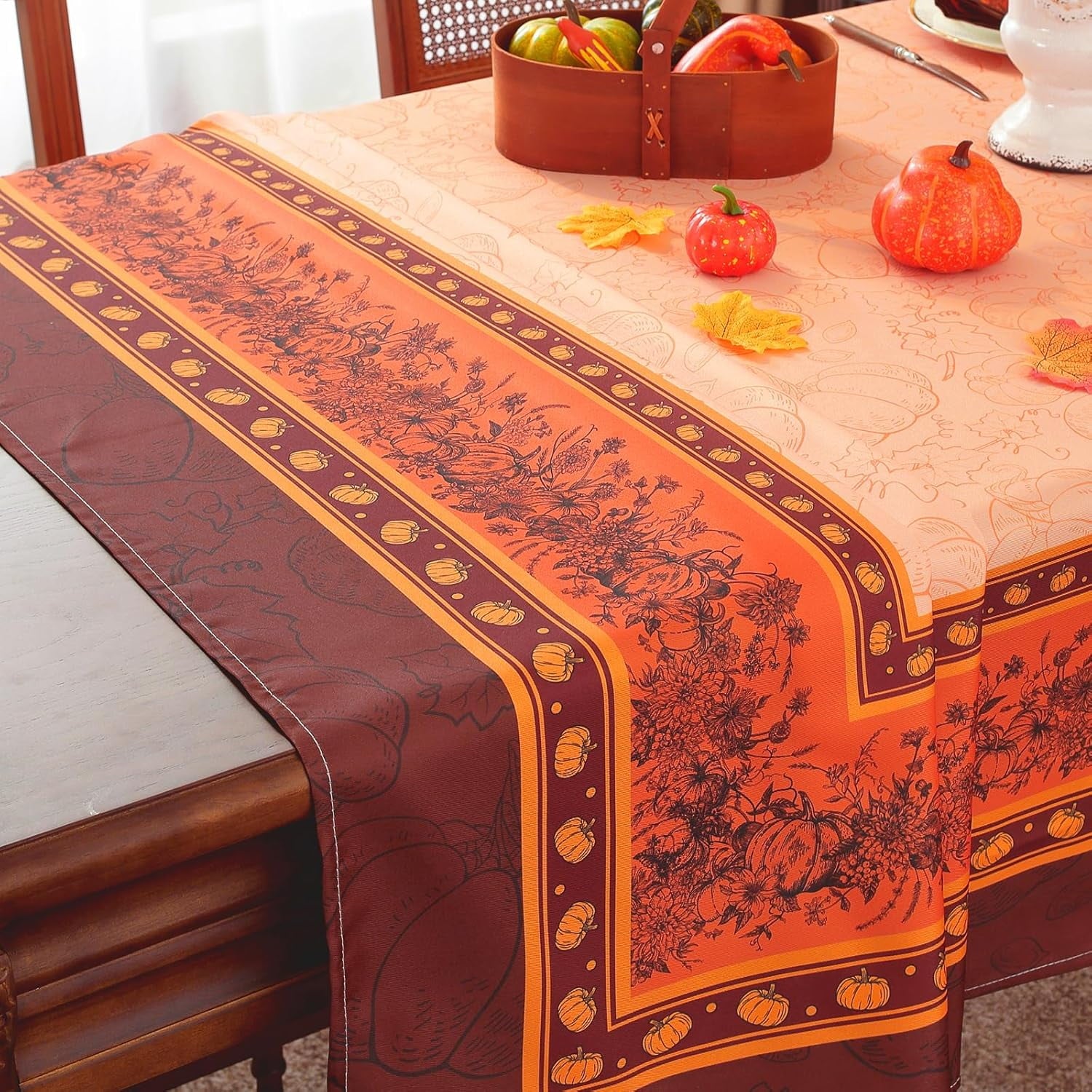 SASTYBALE Fall Harvest Tablecloth, Rectangle Pumpkin Print, Orange & Brown Autumn Tones, Wrinkle-Resistant Easy-Care for Thanksgiving Dinners & Holiday Party