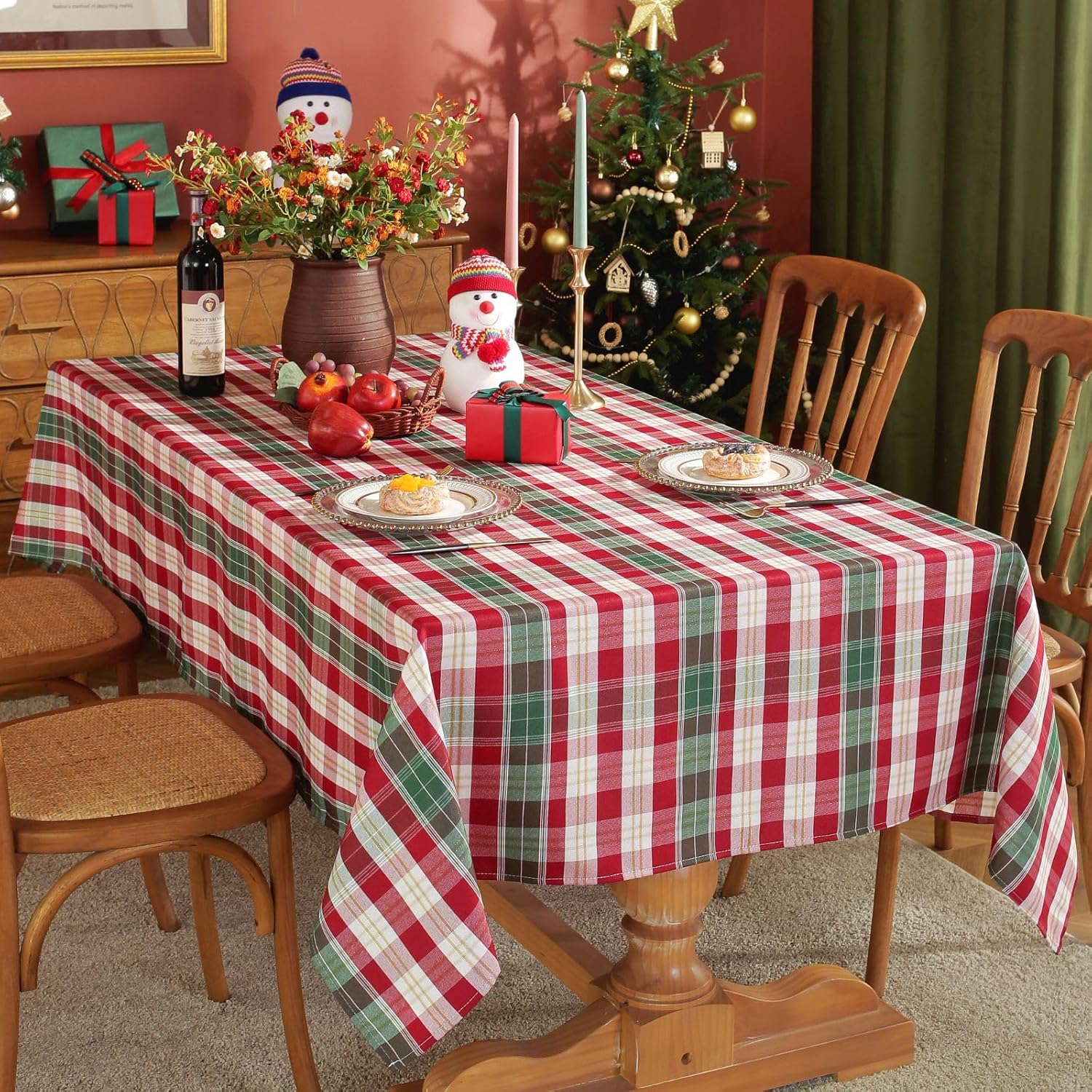 SASTYBALE Red and White Plaid Tablecloth,Rectangle Xmas Metallic Fabric Table Cloth Wrinkle Resistant Heavy Weight Polyester Table Cloths for Holiday Kitchen Dinning Tabletop