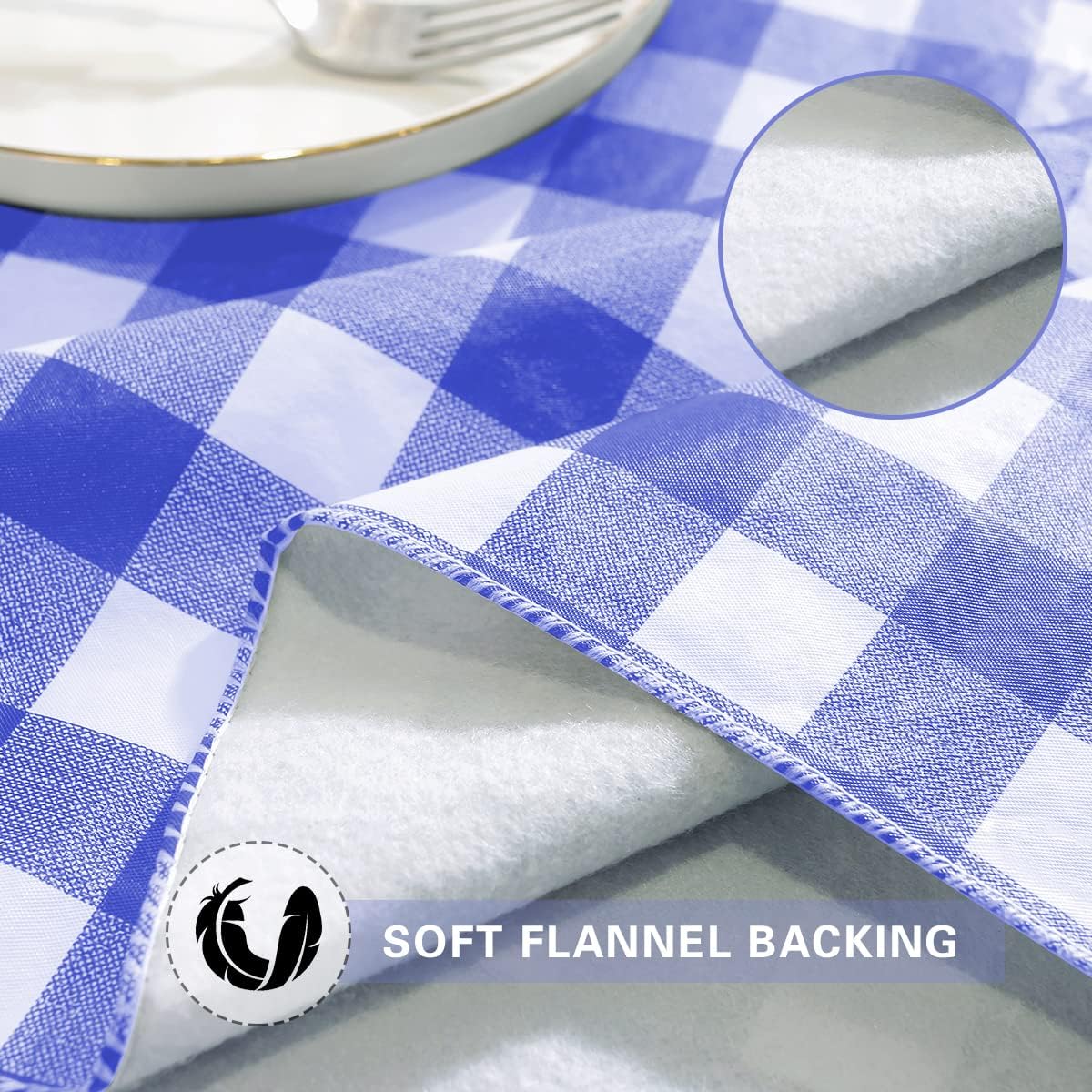 Checkered Vinyl Tablecloth With Flannel Backing Rectangle 60 x 120 Inch, Waterproof Non-Slip Gingham Tablecloth, Heavy Duty Plastic Table Cover for Dining, Party, Indoor, Outdoor, Blue and White