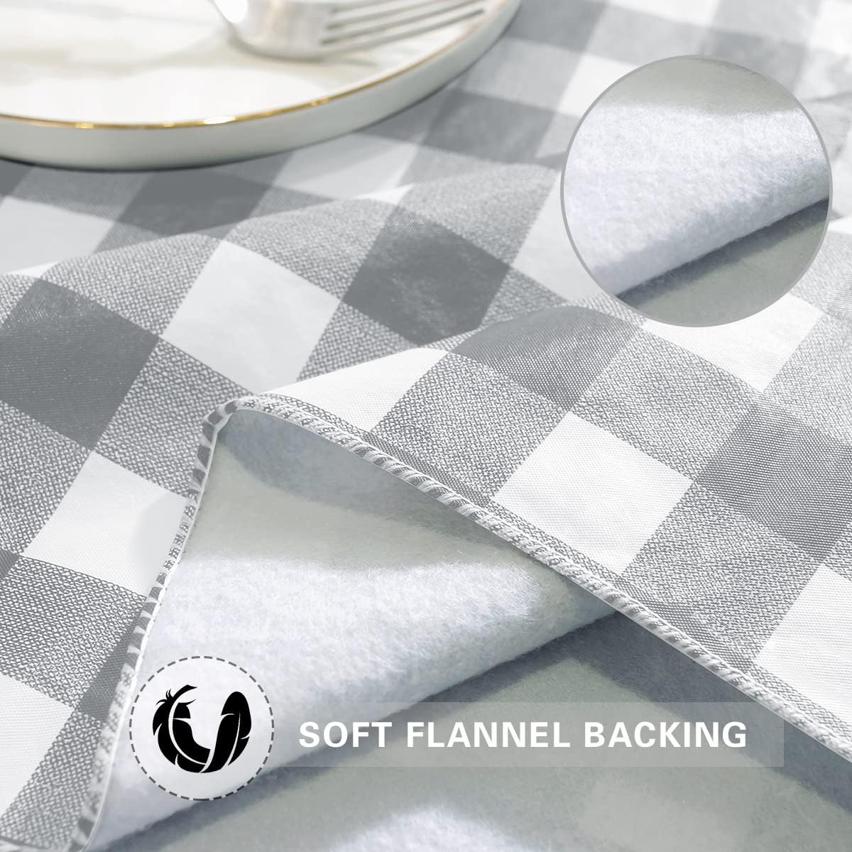 Buffalo Plaid Vinyl Tablecloth With Flannel Backing Rectangle 60 x 84 Inch, Stain & Scratch Resistant Checkered Table Cloth, Plastic Table Cover for Dining, Party, Indoor, Outdoor, Gray and White