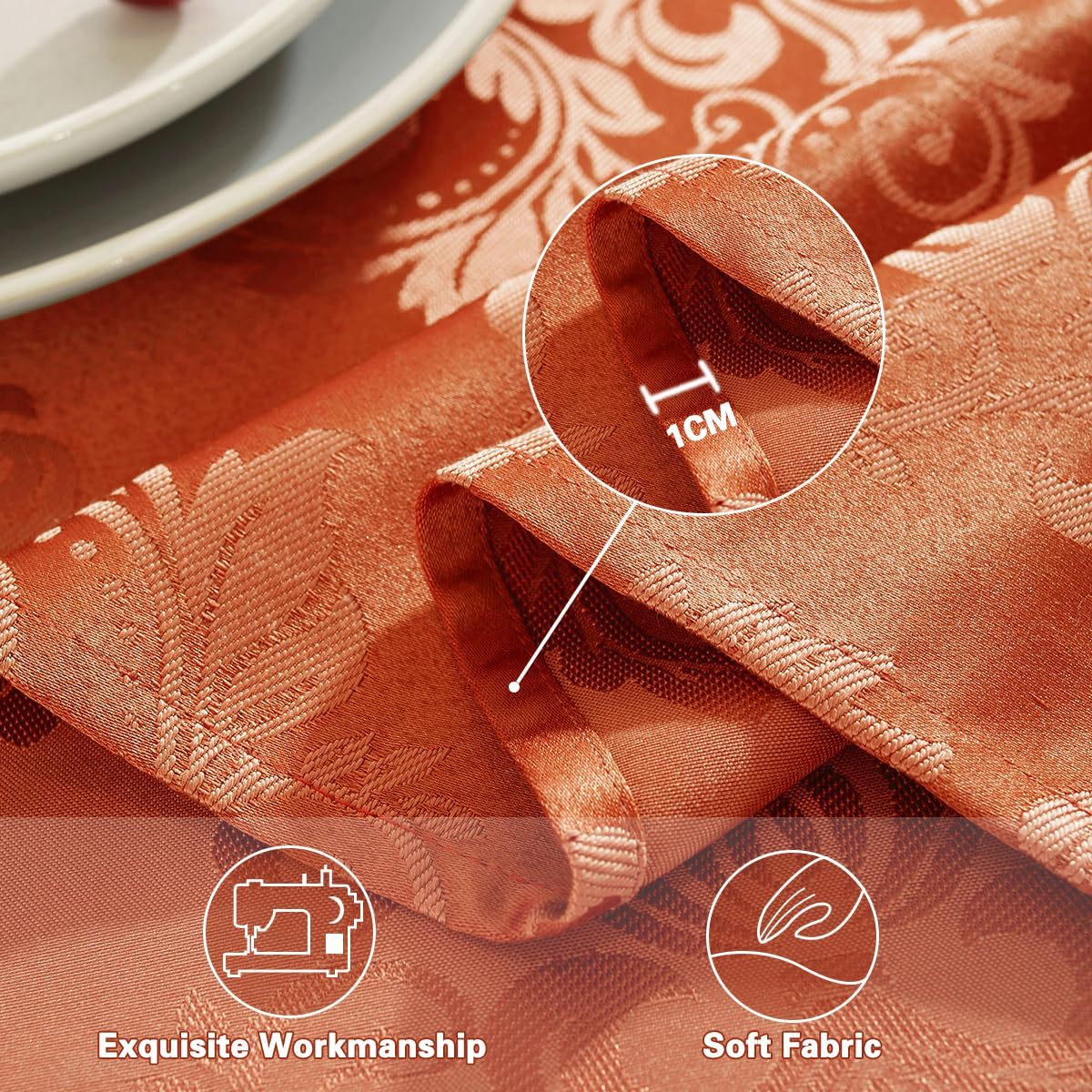 SASTYBALE Jacquard Tablecloth Square 52 x 52 Inch Spill Proof Wrinkle Free Damask Table Cloth, Soft Polyester Table Cover for Fall, Thanksgiving, Autumn, Harvest Holiday Party, Orange/Rusty