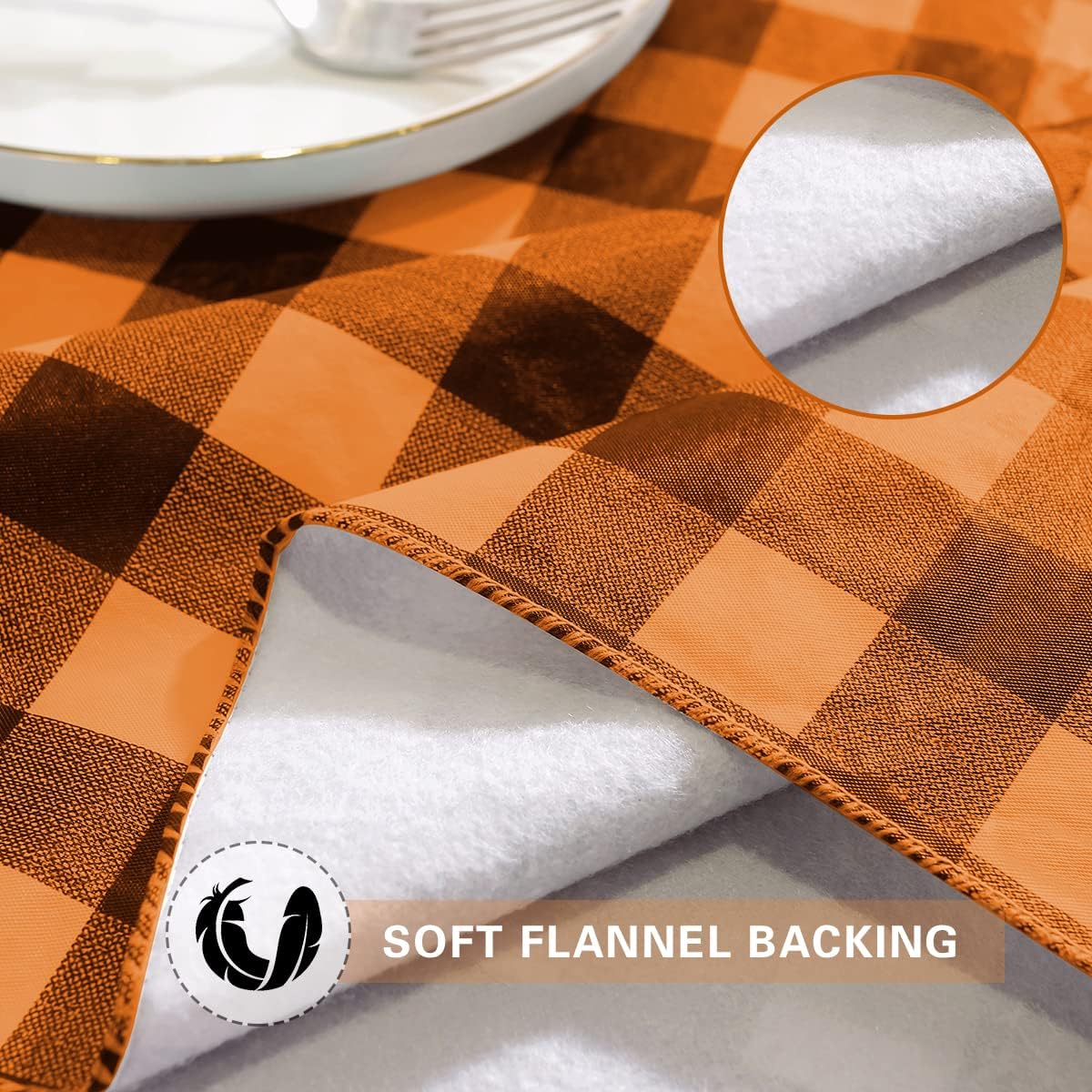 SASTYBALE Buffalo Plaid Tablecloth Rectangle 60 x 120 Inch Vinyl with Flannel Backing, Waterproof & Anti Slip Plastic Heavy Duty Table Cover for Dining, Party, Indoor, Outdoor, Orange and Black