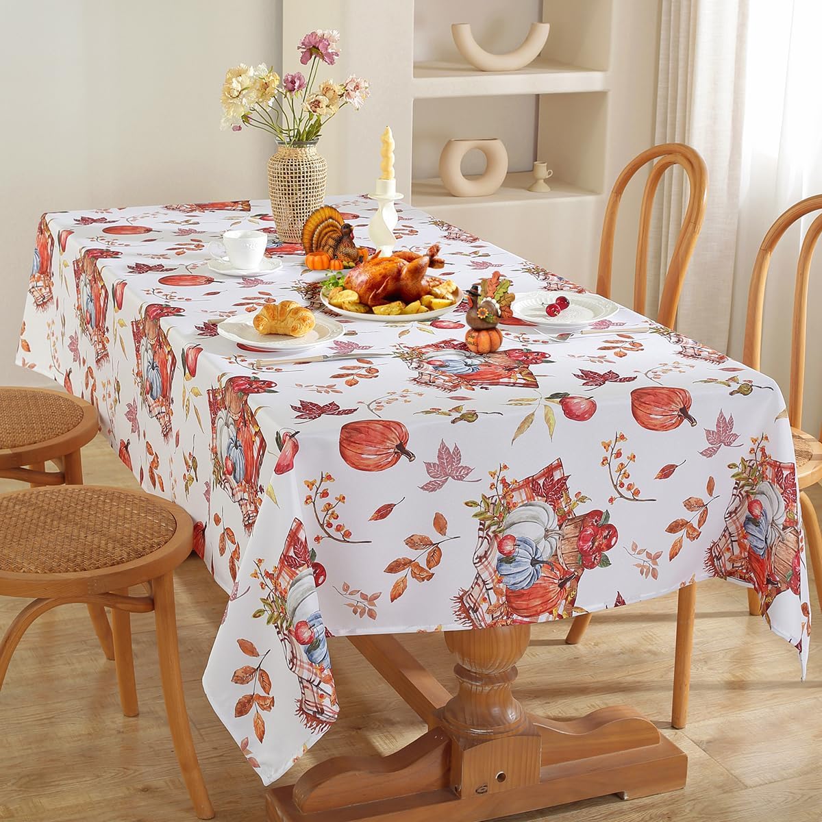 SASTYBALE Fall Pumpkin Tablecloth Rectangle, Holiday Table Cloth with Printed Watercolor Pumpkins & Fall Leaves, Spill Proof Table Cover for Harvest Thanksgiving Table Decor (Rectangle, 60" x 102")