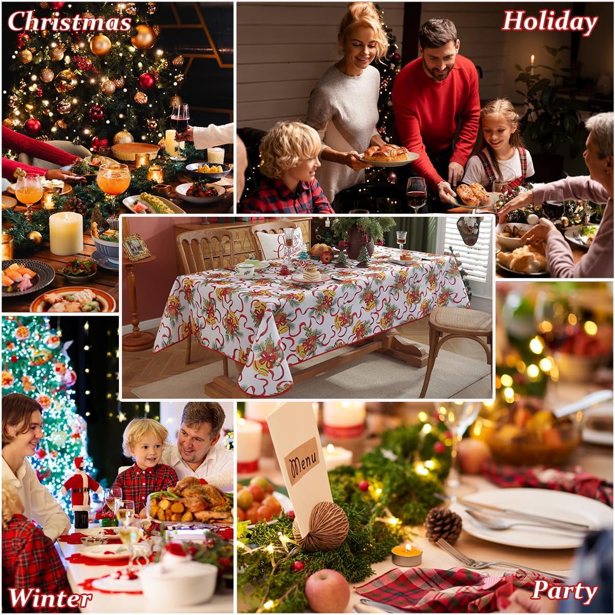 Christmas Tablecloth Water Oil Proof Holly Berry Cardinal Ribbon Bell Pine Cone Table Cloth, Fabric Xmas Table Cover for Holiday, Winter, Santa, Dinner Party