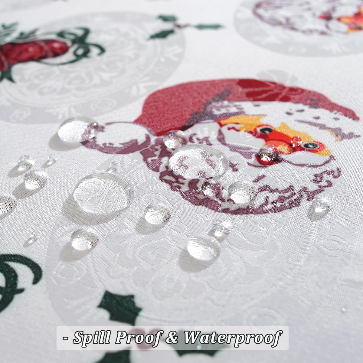 Christmas Tablecloth Rectangle 52 x 70 Inch Spill Proof Wrinkle Free Red Santa Claus Holly Berry Xmas Tree Jacquard Table Cloth, Damask Fabric Table Cover for Holiday, Winter Decoration, White