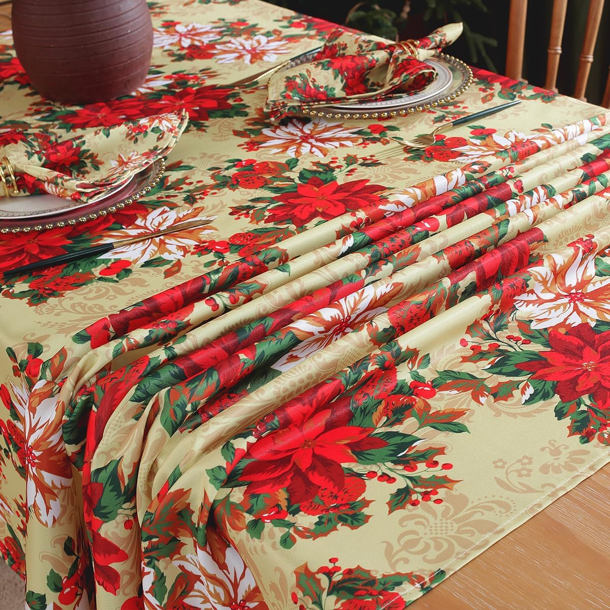 SASTYBALE Christmas Tablecloths Rectangular, Printed Xmas Table Cloth with Poinsettia Flowers and Holly Berries, Spillproof Polyester Table Cover for for Party Winter Holiday (Rectangle, 52" x 70")