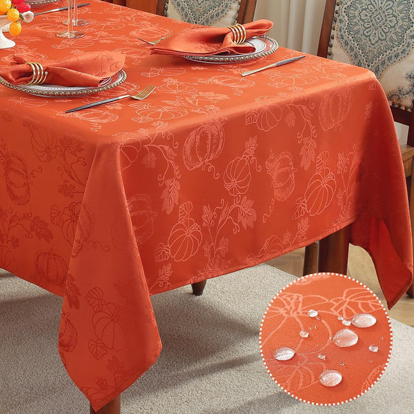 Fall Tablecloths Jacquard Thanksgiving Table Cloth with Pumpkins and Vines, Stain Resistant Table Cover for Harvest, Dining, Party Decor 52" x 52" Rust