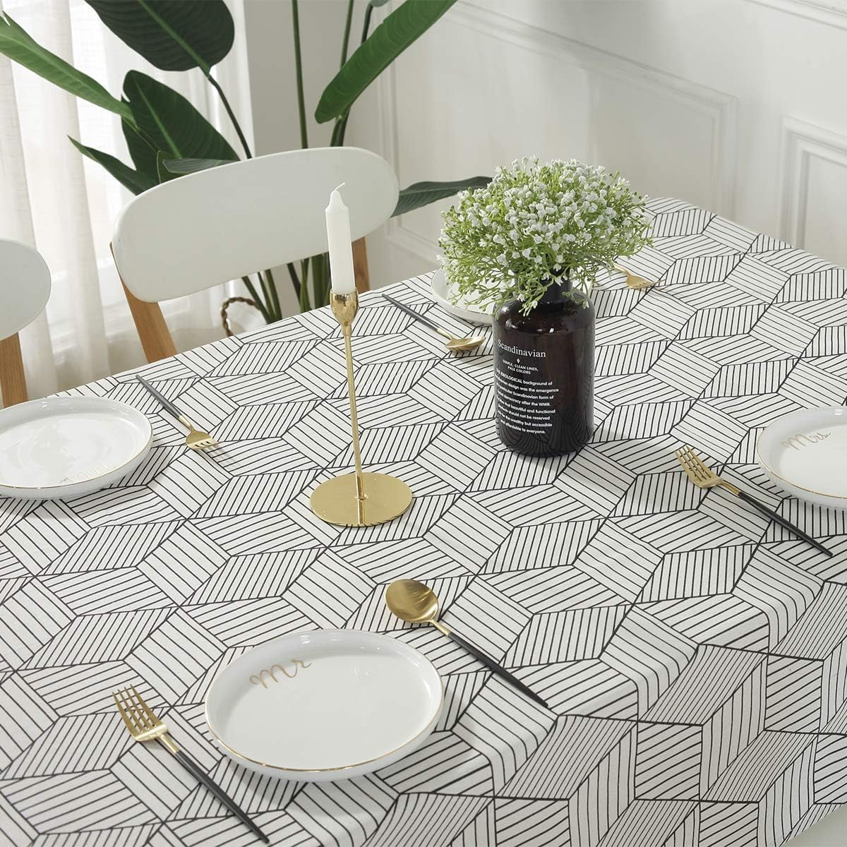 SASTYBALE Square Tablecloth Geometric Style Cotton Linen Table Cloth Dust-Proof Table Cover for Kitchen Dinning Tabletop Decoration (Square/Round, 55" x 55" (2-4 Seats))