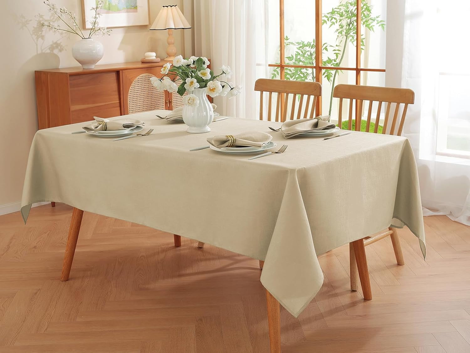 SASTYBALE Sqare Tablecloth - Linen Textured Farmhouse Table Cloth Water Resistant Wrinkle Free Washable Fabric Table Cover for Kitchen Dining Tabletop Decoration, 52 x 52 Inch, Beige