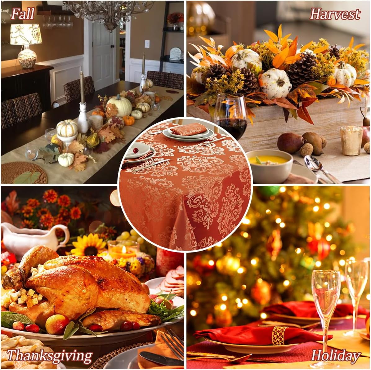 SASTYBALE Tablecloth Rectangle 52 x 70 Inch Waterproof Stain Resistant Jacquard Damask Table Cloth, Polyester Table Cover for Fall, Thanksgiving, Autumn, Harvest Party, Holiday Dinner, Orange/Rusty