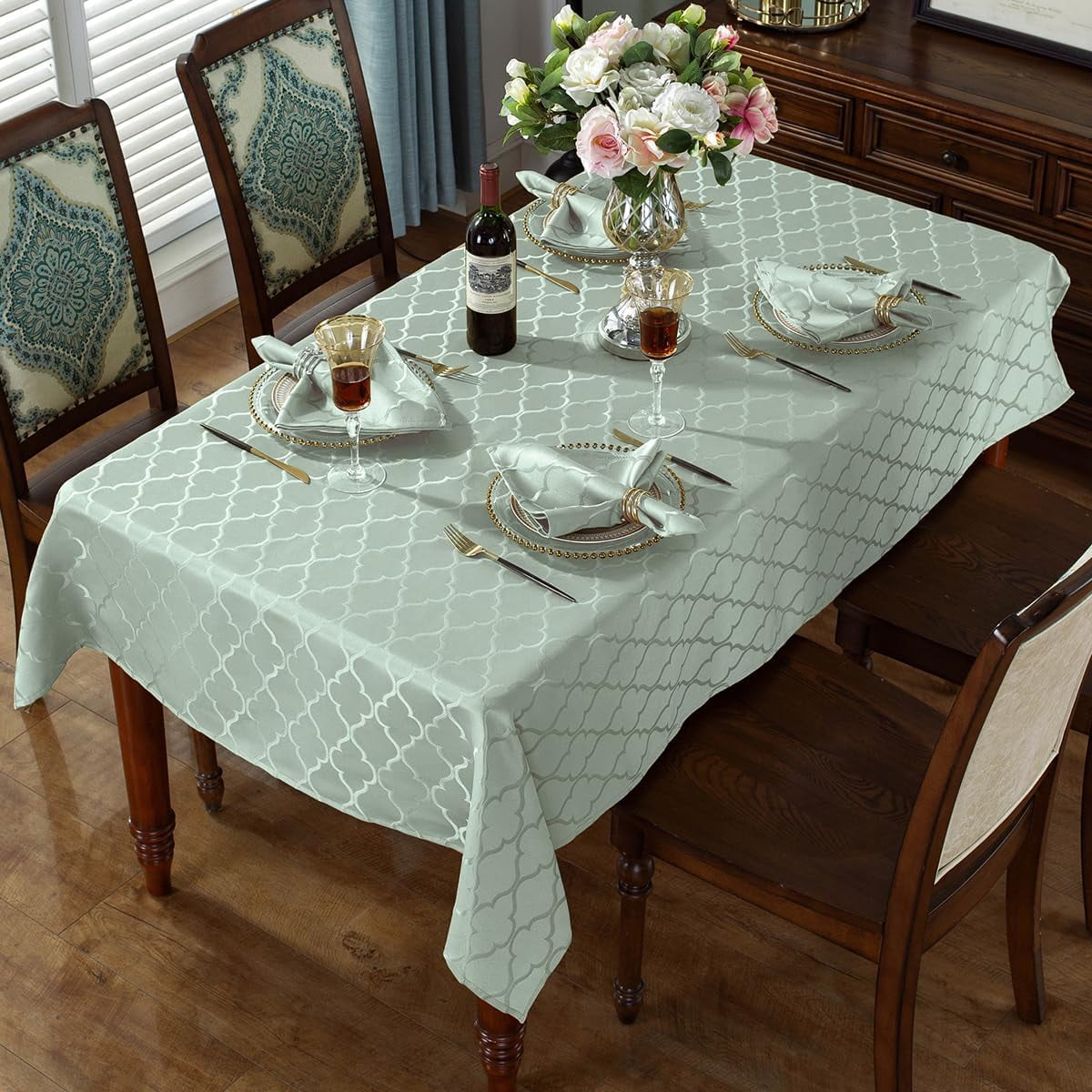 SASTYBALE Jacquard Spring Sage Green Tablecloth, Flower Patterns Table Cloth Spill Proof Wrinkle Resistant Table Cover for Kitchen Dining Tabletop Decoration (Rectangle, 52" x 70" (4-6 Seats))