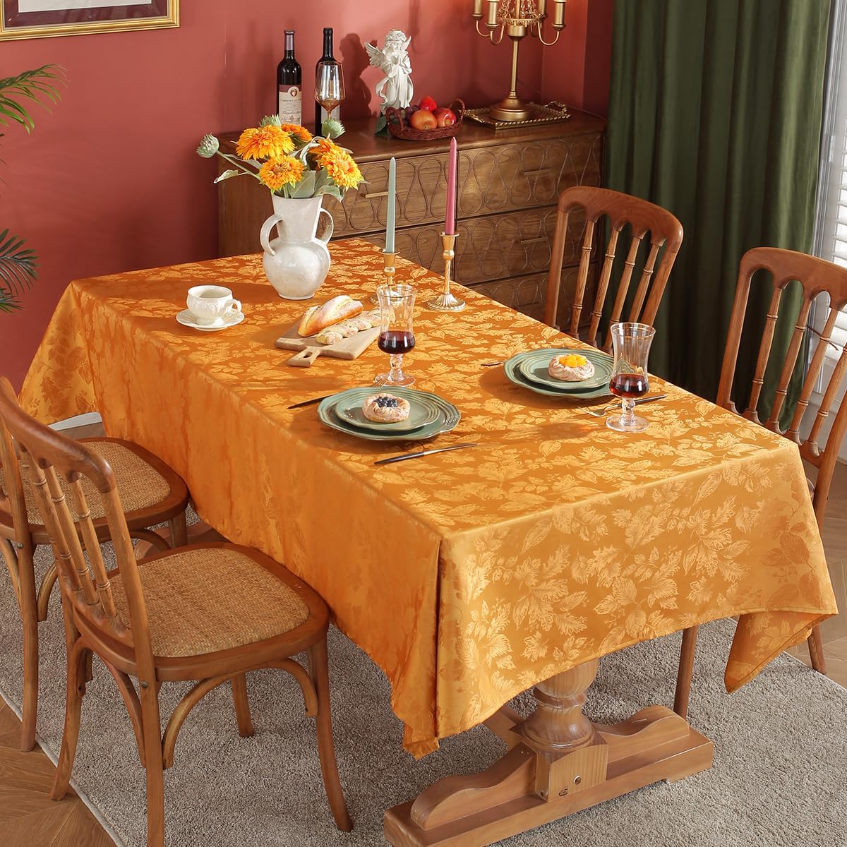 SASTYBALE Maple Leaves Jacquard Fall Tablecloth Oil/Water Proof Fabric Rectangle Table Cloth for Autumn, Harvest, Thanksgiving Oblong 52 x 70 Inch Amber