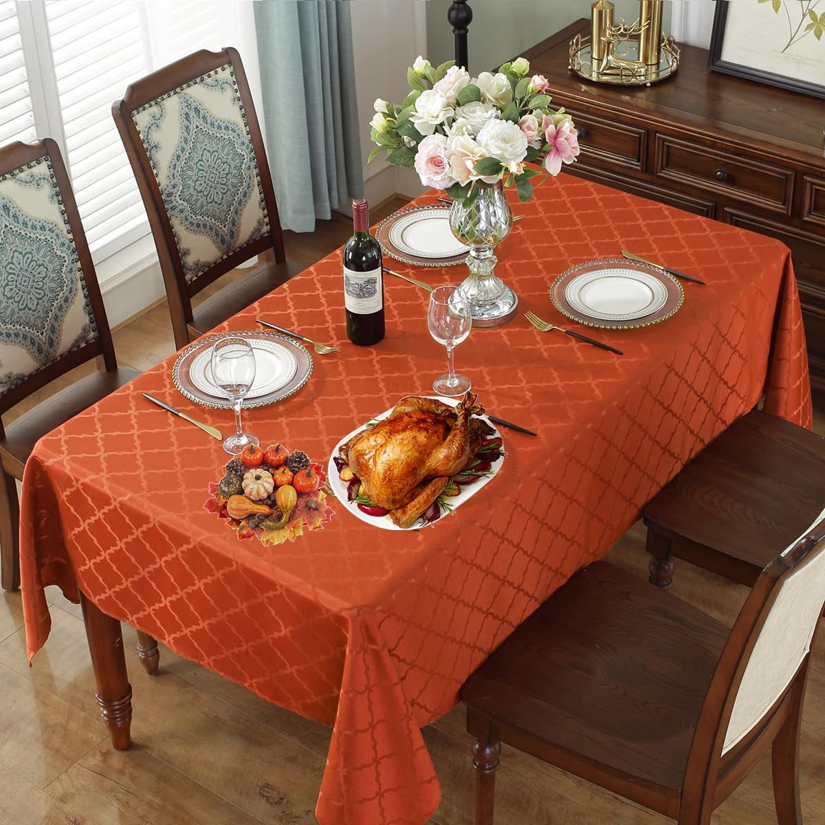 SASTYBALE Fall Tablecloth Floral Jacquard Polyester Table Cloth Spill Proof Wrinkle Resistant Table Cover for Harvest, Thanksgiving Decoration(Rectangle,60"x102"(8-10 Seats,Rust)