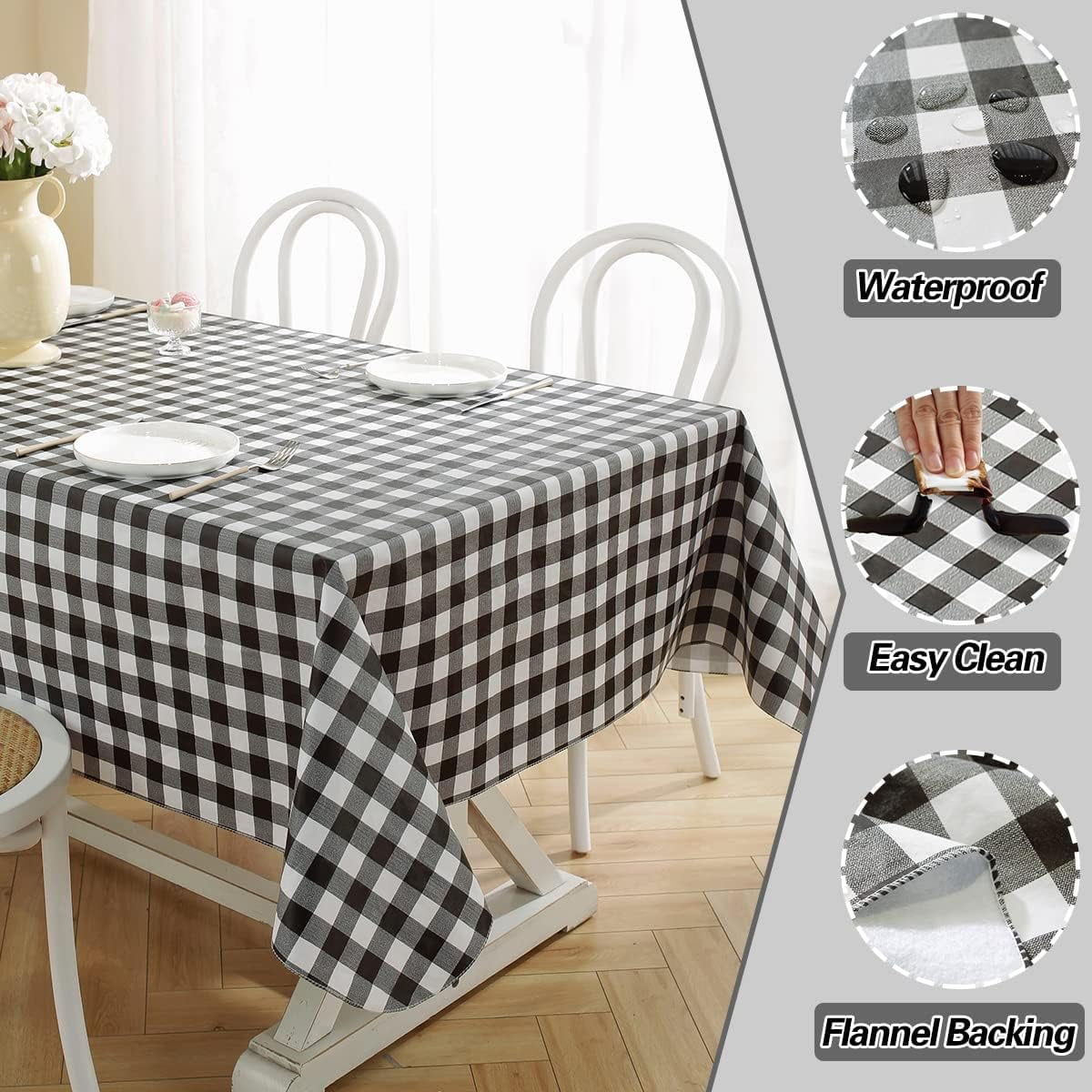 Buffalo Plaid Vinyl Tablecloth With Flannel Backed Rectangle 60 x 120 Inch, Waterproof & Non Slip Checkered Tablecloths, Plastic Table Cover for Dining, Party, Indoor, Outdoor, Black and White