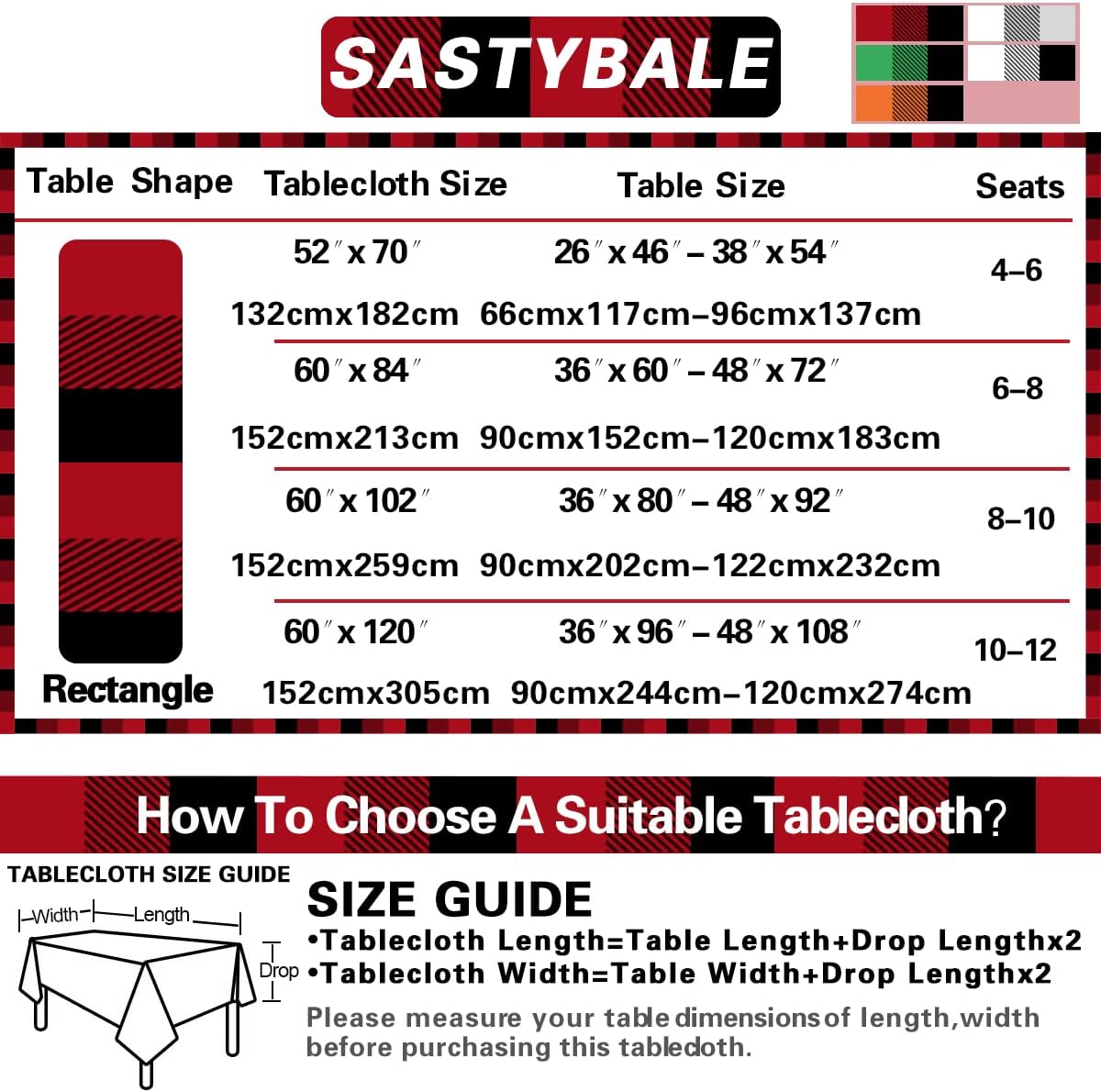 SASTYBALE Buffalo Plaid Vinyl Tablecloth Rectangle 52 x 70 Inch with Flannel Backing, Waterproof & Anti-Slip Heavy Weight Table Cloth, Plastic Table Cover for Dining, Party, Indoor, Red and Black