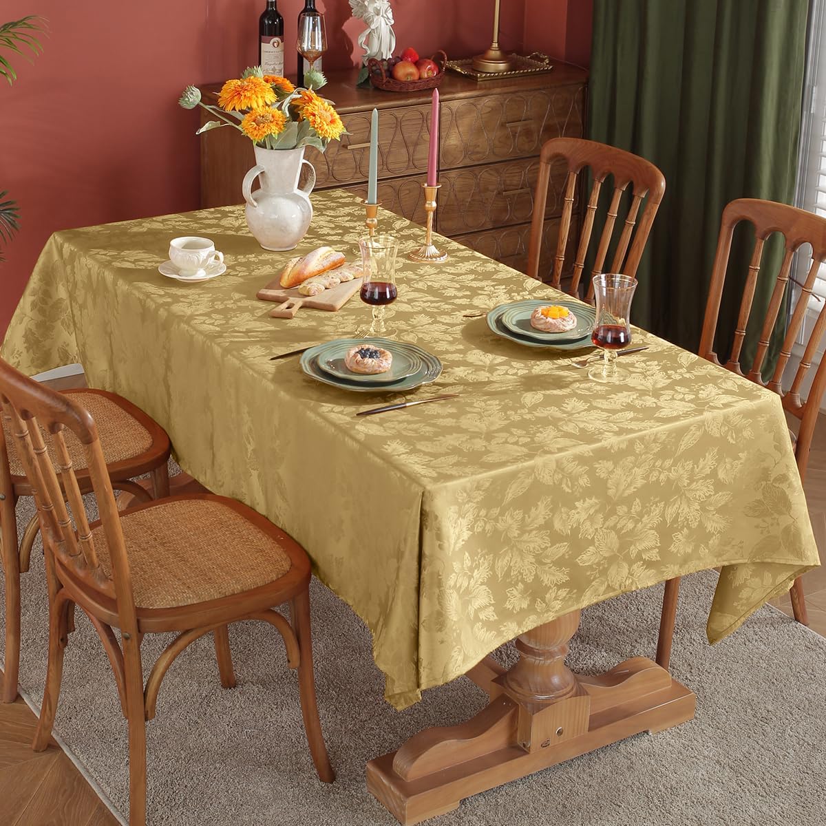 SASTYBALE Autumn Leaves Jacquard Rectangle Tablecloth Waterproof Wrinkle Free Fabric Damask Table Cloth for Fall, Harvest, Thanksgiving, Indoor, Outdoor 60 x 84 Inch Gold