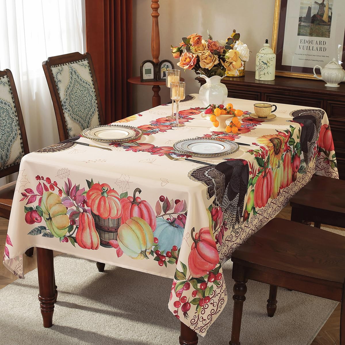 SASTYBALE Thanksgiving Tablecloth Rectangle, Fall Turkey Pumpkin Table Cloth Washable, Stain Resistant Polyester Autumn Table Cover for Harvest Farmhouse Parties Dinner Decor