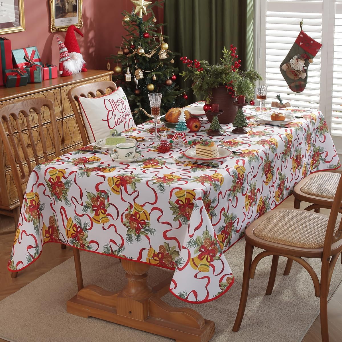 Christmas Tablecloth Water Oil Proof Holly Berry Cardinal Ribbon Bell Pine Cone Table Cloth, Fabric Xmas Table Cover for Holiday, Winter, Santa, Dinner Party