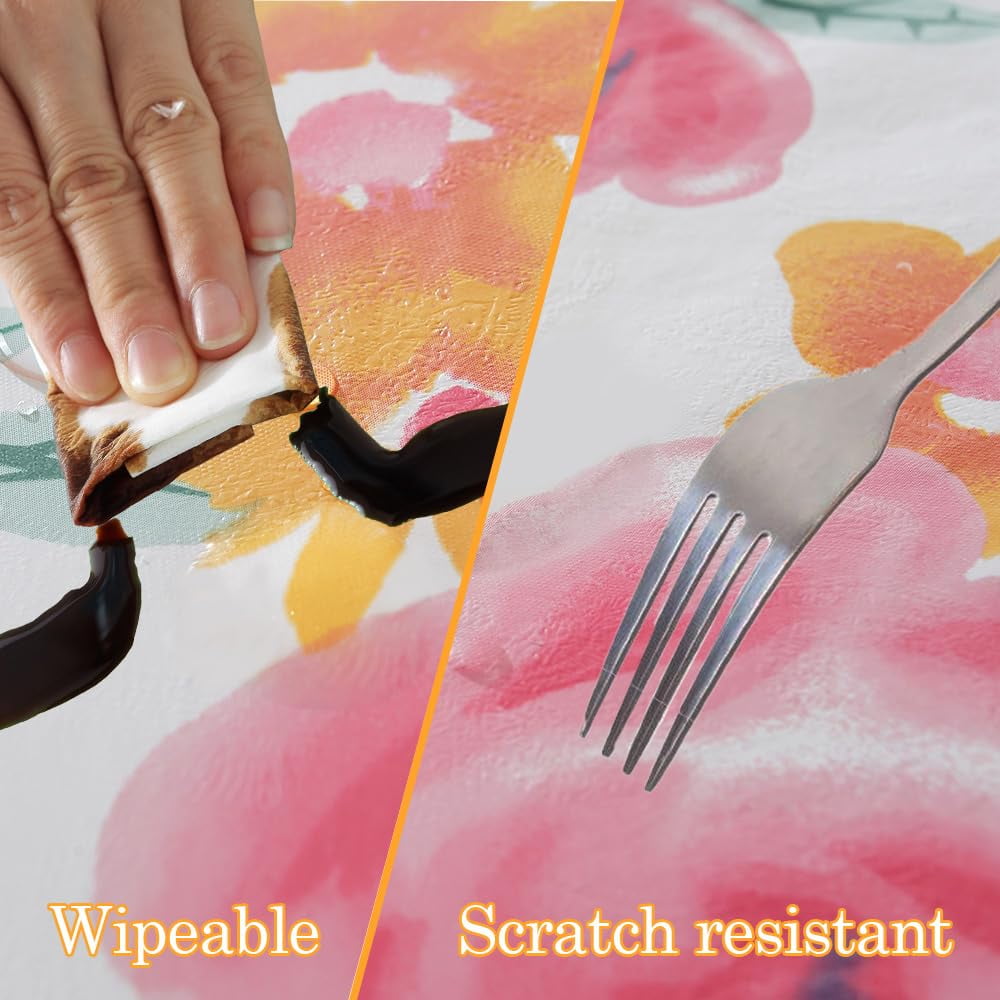 Vinyl Tablecloth with Flannel Backed, Waterproof Oil-Proof PVC Table Cloth, Heavy Duty Wipeable Spill-Proof Plastic Table Cover for Dinner Outdoor Picnic (Pink Flower, 60x102 Inch Rectangle)