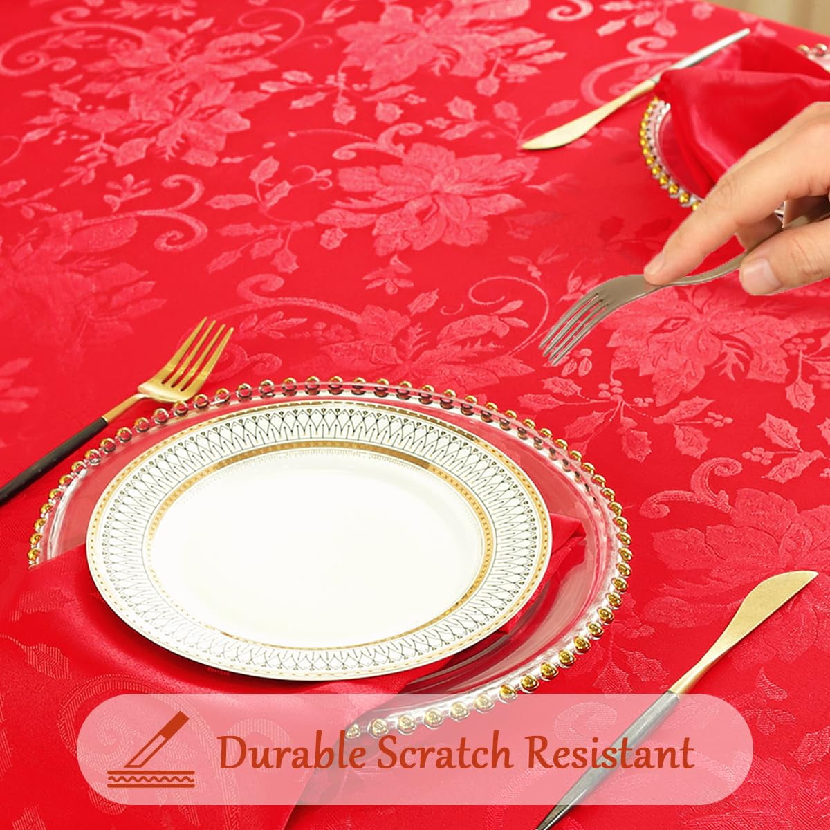 SASTYBALE Christmas Tablecloth Rectangle Poinsettia Jacquard Xmas Tablecloths, Spillproof Anti-Wrinkle Damask Fabric Table Cover for Winter, Xmas & Holiday Parties