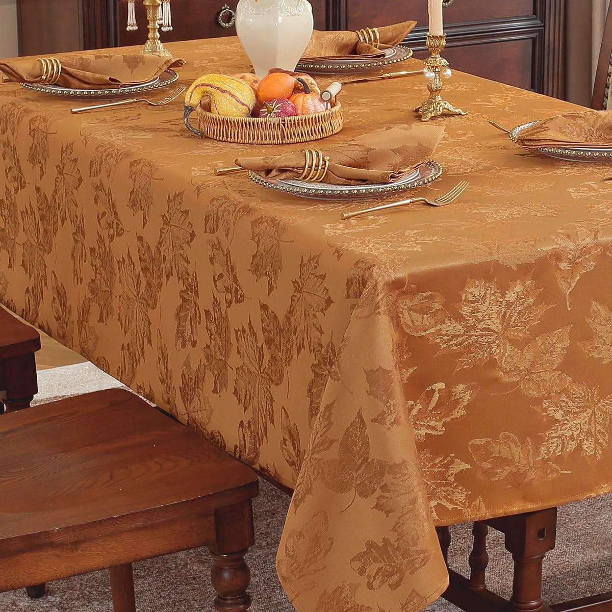 SASTYBALE Fall Tablecloths for Rectangle Tables - 60x84 Inch Brown Maple Leaves Jacquard Tablecloth, Vintage, Spill-Proof & Wrinkle Free for Thanksgiving Feasts, Harvest Celebrations, Cozy Dinners