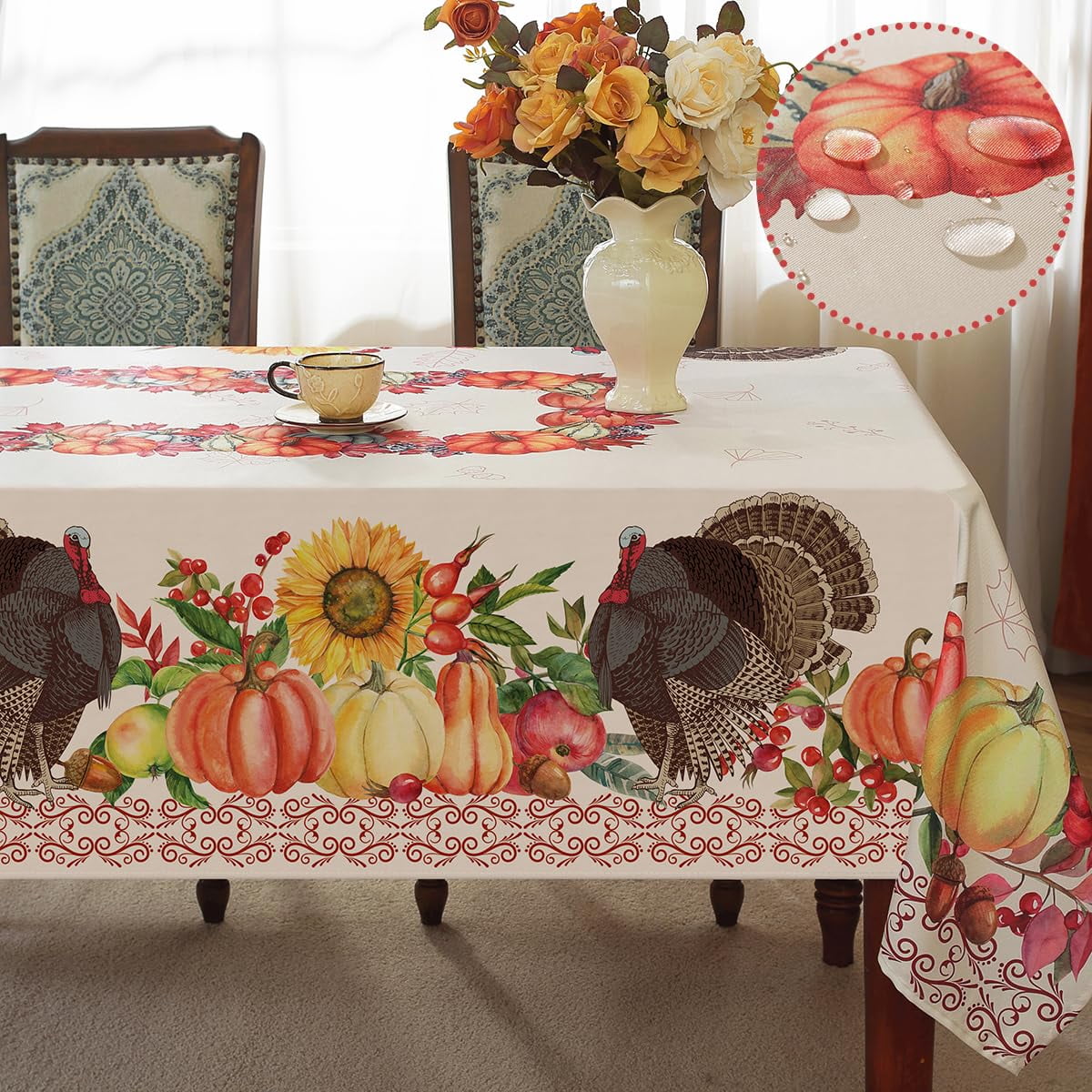 SASTYBALE Thanksgiving Tablecloth Rectangle, Fall Turkey Pumpkin Table Cloth Washable, Stain Resistant Polyester Autumn Table Cover for Harvest Farmhouse Parties Dinner Decor