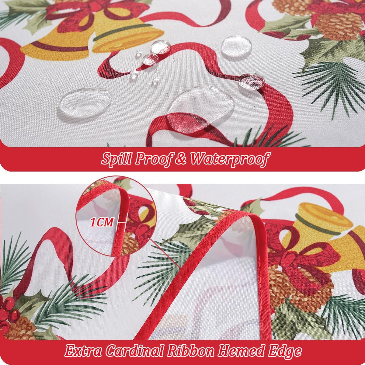 Christmas Tablecloth Water Oil Proof Holly Berry Cardinal Ribbon Bell Pine Cone Table Cloth, Fabric Xmas Table Cover for Holiday, Winter, Santa, Dinner Party