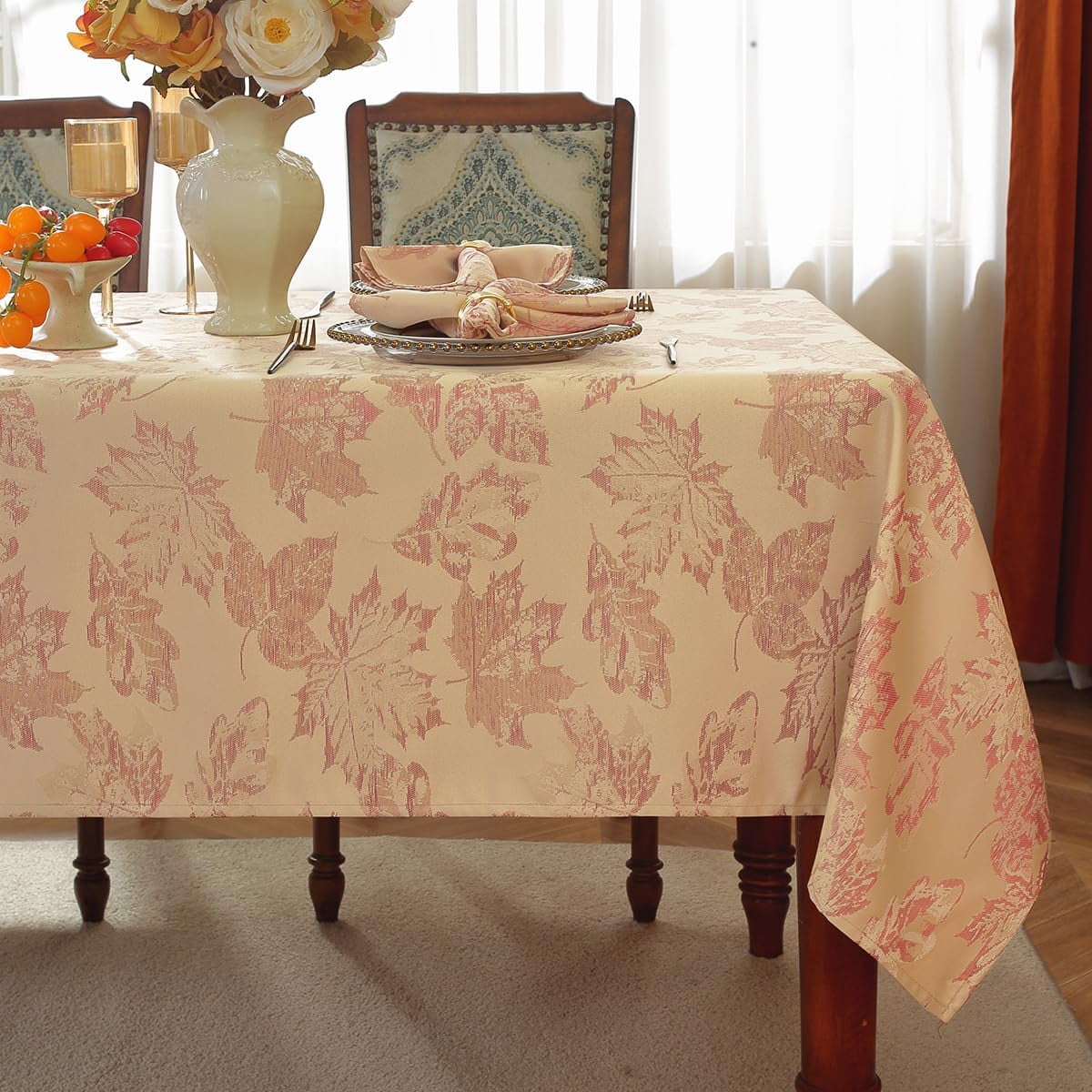 SASTYBALE 60x84 Inch Burgundy Maple Leaves Tablecloth - Spill-Proof Wrinkle-Free Vintage Jacquard for Thanksgiving Dinners & Harvest Gatherings