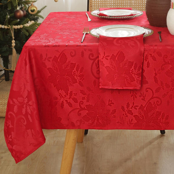 SASTYBALE Christmas Tablecloth Rectangle Poinsettia Jacquard Xmas Tablecloths, Spillproof Anti-Wrinkle Damask Fabric Table Cover for Winter, Xmas & Holiday Parties