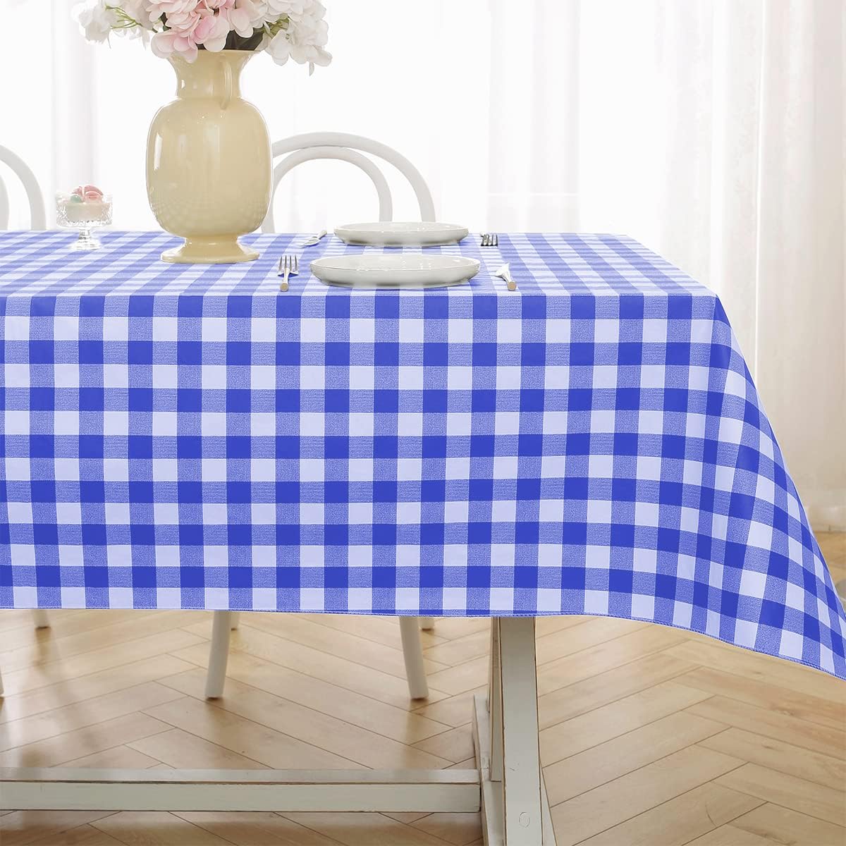 Checkered Vinyl Tablecloth With Flannel Backing Rectangle 60 x 120 Inch, Waterproof Non-Slip Gingham Tablecloth, Heavy Duty Plastic Table Cover for Dining, Party, Indoor, Outdoor, Blue and White