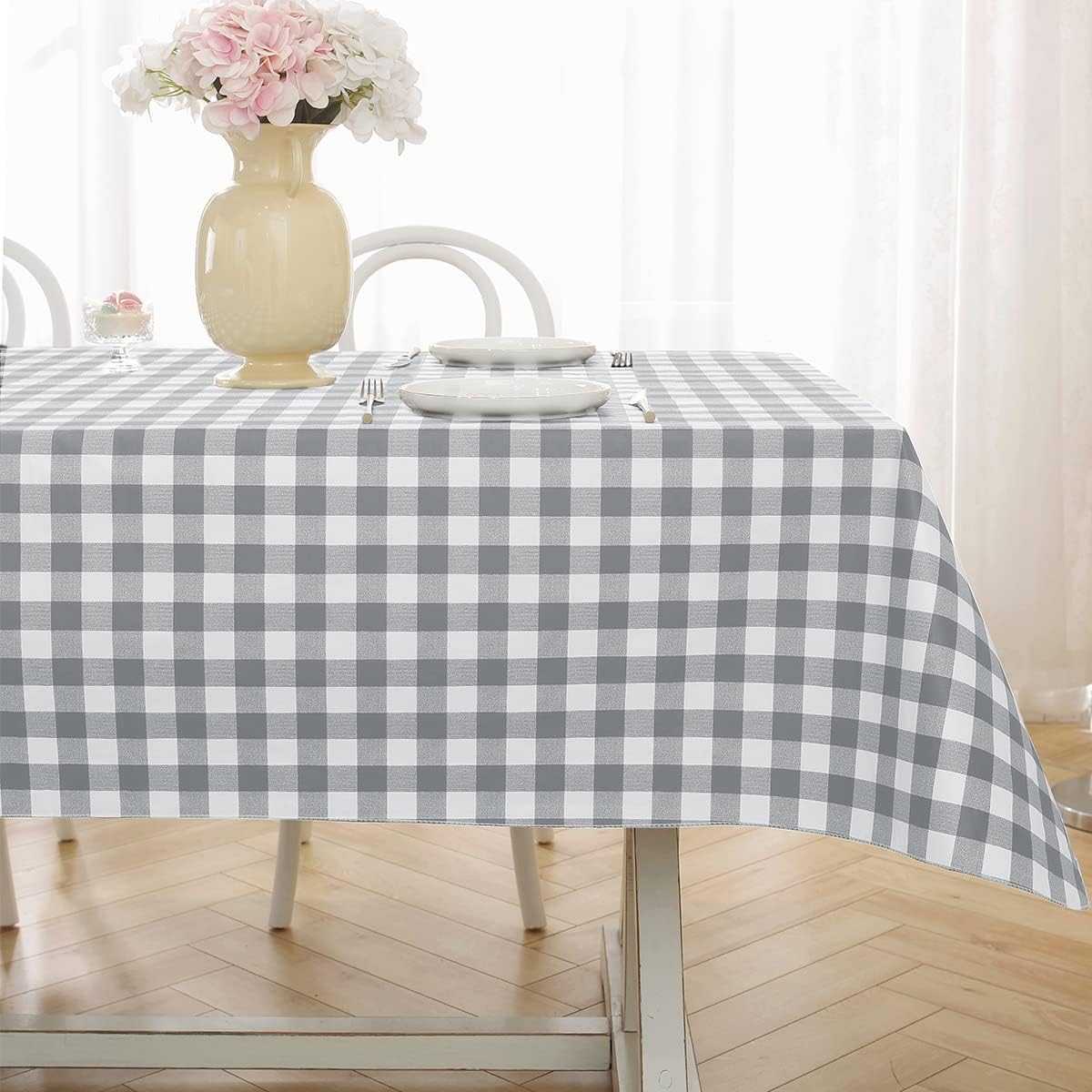 Buffalo Plaid Vinyl Tablecloth With Flannel Backing Rectangle 60 x 84 Inch, Stain & Scratch Resistant Checkered Table Cloth, Plastic Table Cover for Dining, Party, Indoor, Outdoor, Gray and White