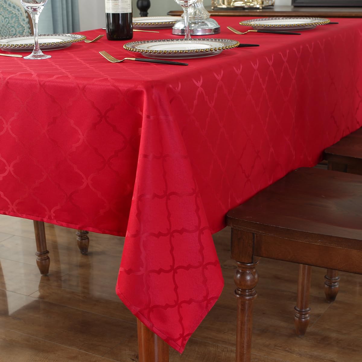 SASTYBALE Christmas Tablecloths Rectangular, Jacquard Xmas Table Cloth with Geometric Patterns, Washable Spillproof Table Cover for Parties Winter Holiday Decor (Rectangle, 52" x 70", Red)