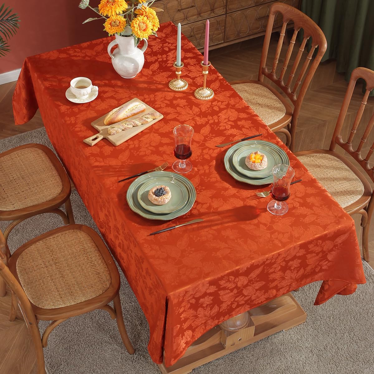 SASTYBALE Maple Leaves Jacquard Tablecloth Rectangle Spill Proof Wrinkle Resistant Table Cloth for Fall Thanksgiving Autumn Harvest Table Cover 52 x 70 Inch Rusty