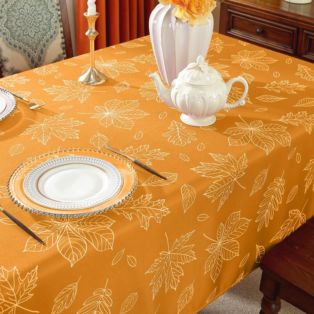 SASTYBALE Maple Leaves Print Tablecloth Rectangle 52 x 70 Inch Waterproof Wrinkle Free Fabric Autumn Table Cloth, Polyester Table Cover for Fall, Harvest, Thanksgiving, Holiday, Amber