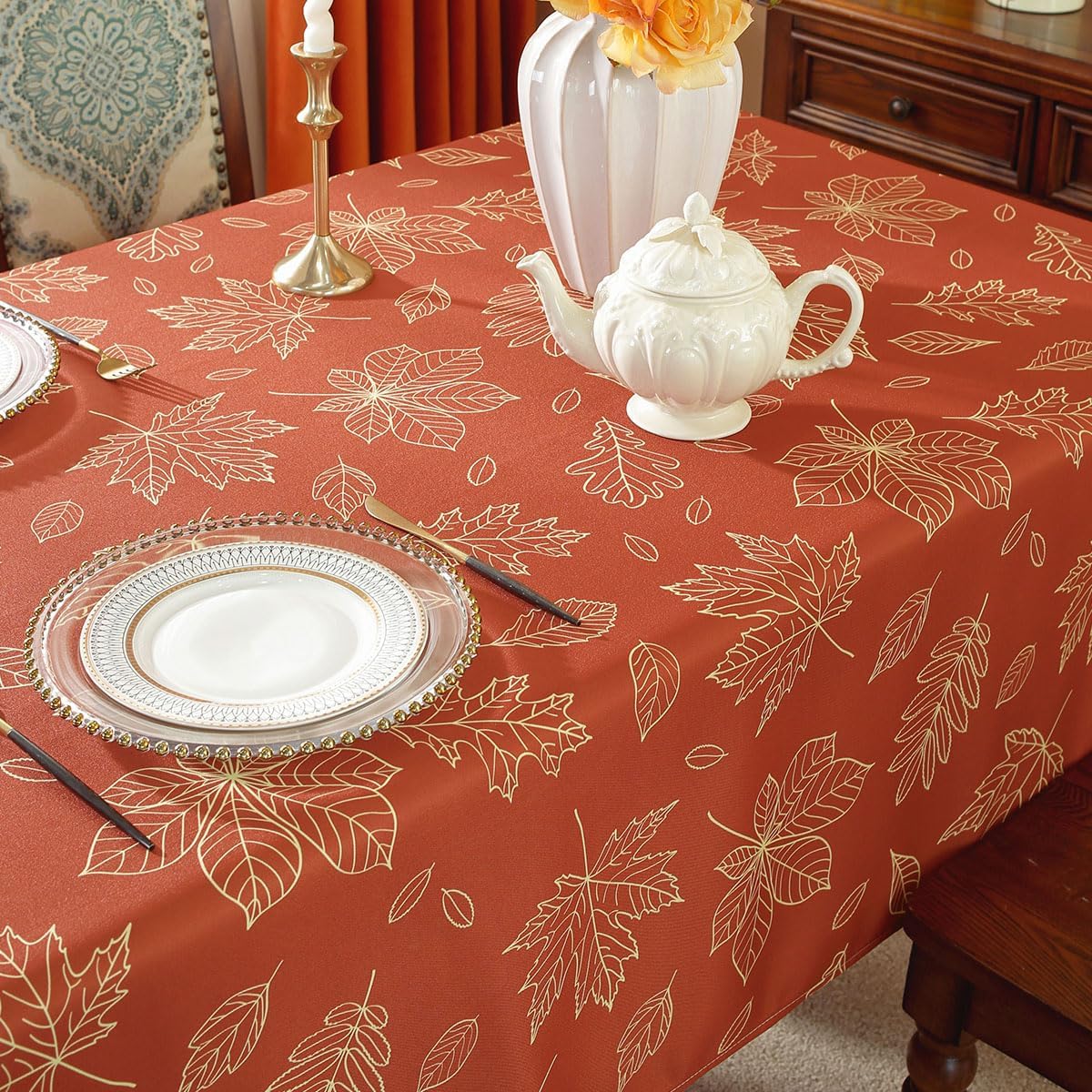 SASTYBALE Maple Leaves Thanksgiving Tablecloth Rectangle 60 x 120 Inch Waterproof Oil Proof Wrinkle Free Fabric Autumn Table Cloth, Vintage Polyester Table Cover for Fall, Harvest Decor, Rusty