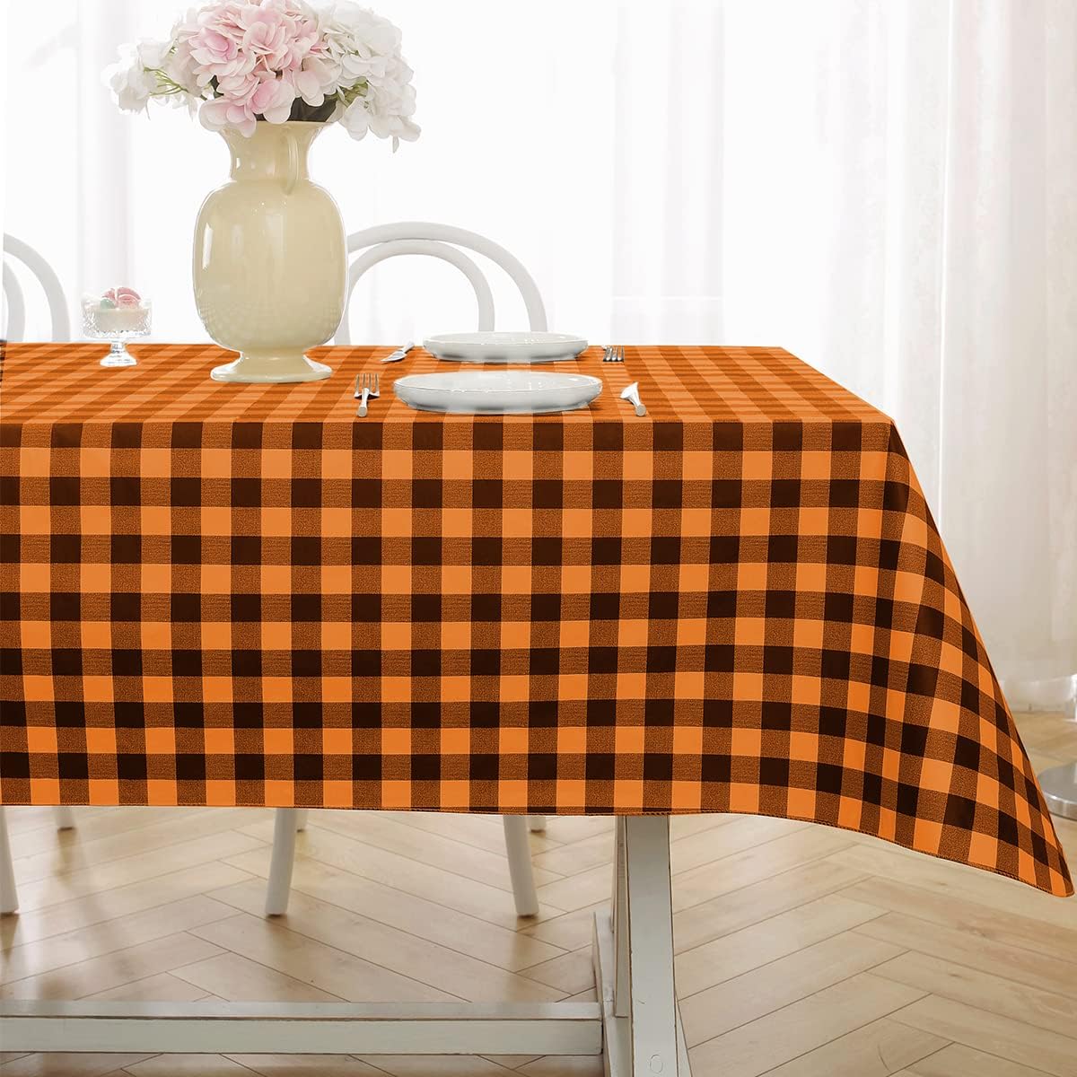 SASTYBALE Buffalo Plaid Tablecloth Rectangle 60 x 120 Inch Vinyl with Flannel Backing, Waterproof & Anti Slip Plastic Heavy Duty Table Cover for Dining, Party, Indoor, Outdoor, Orange and Black