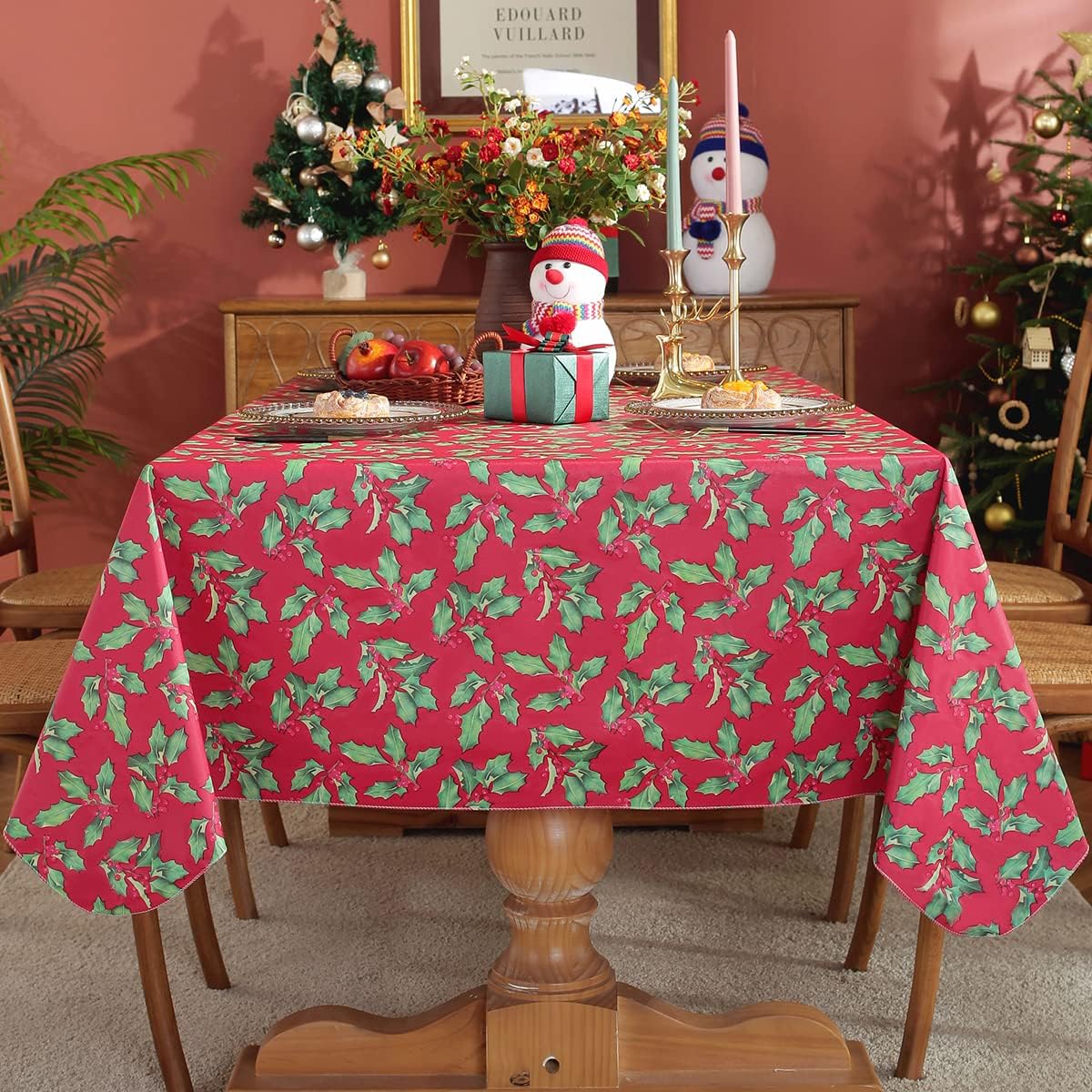 SASTYBALE Christmas Tablecloth Rectangle Vinyl Flannel Backing, Floral Holly & Berry Print Waterproof Plastic Heavy Table Cloth for Dining, Buffet Party & Outdoor Decorations, 52 x 70 Inch Red