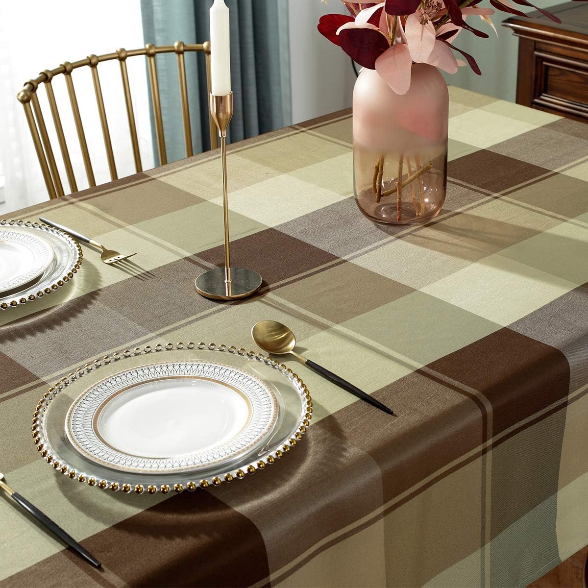 Rectangle Tablecloth Plaid Style Polyester Table Cloth Spillproof Dust-Proof Wrinkle Resistant Heavy Weight Table Cover for Kitchen Dinning Tabletop (Rectangle/Oblong, 60" x 84" (6-8 Seats),Taupe)