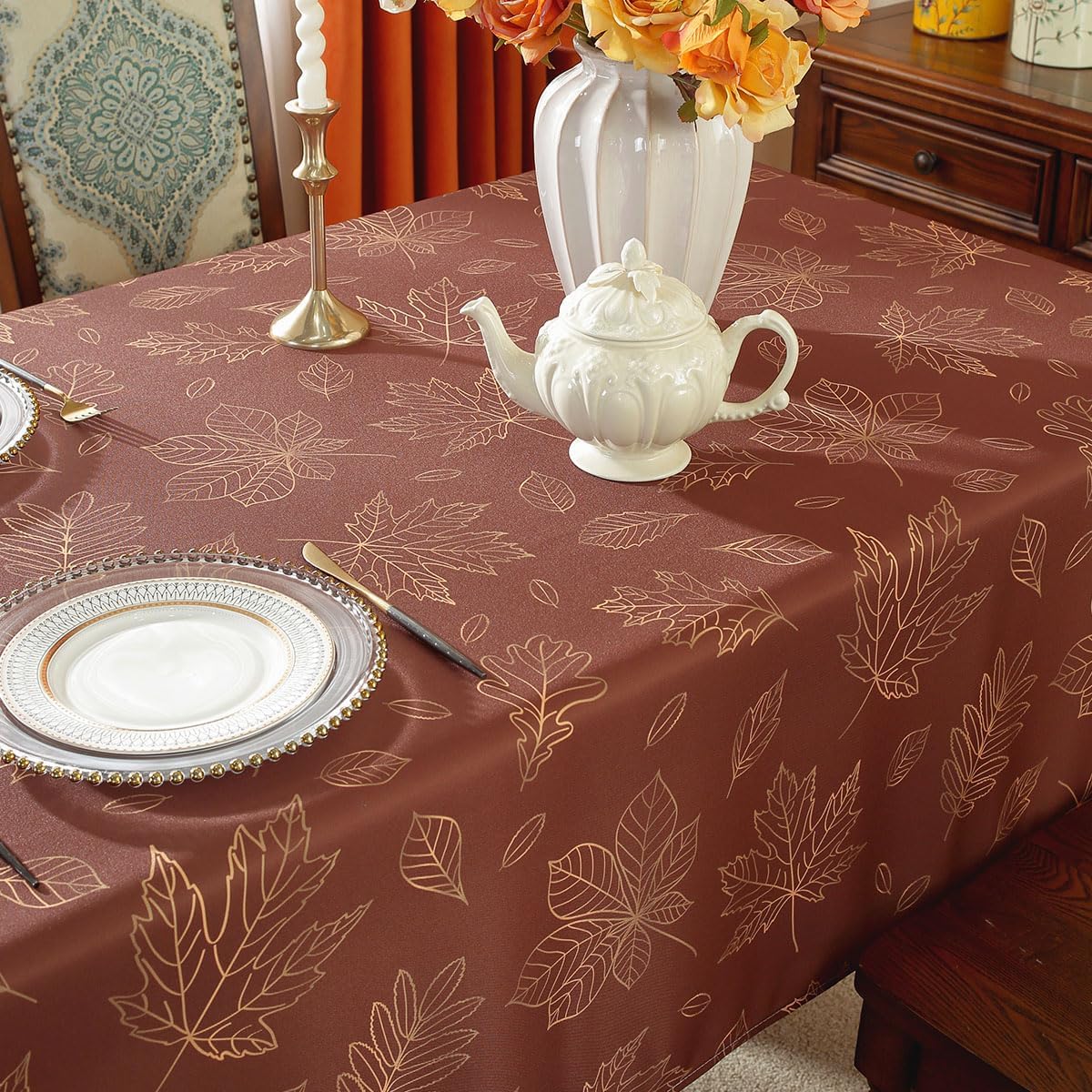 SASTYBALE Maple Leaves Thanksgiving Tablecloths Rectangle 52 x 70 Inch Spill Proof Washable Polyester Autumn Table Cloth, Fabric Table Cover for Fall, Harvest, Winter Dining Decoration, Brown