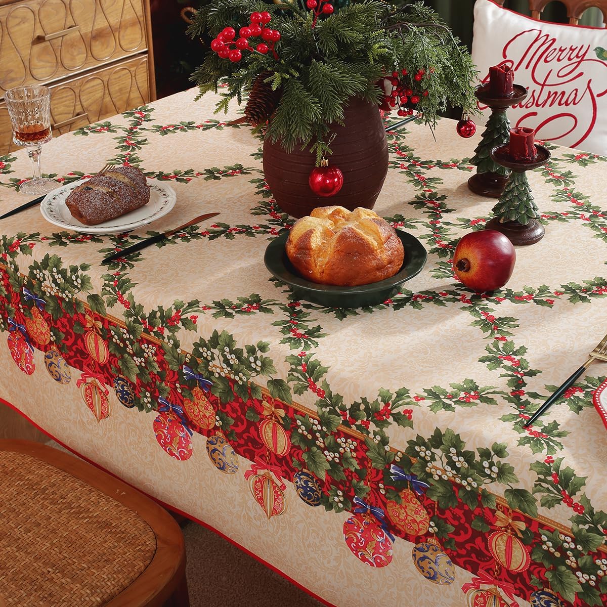 SASTYBALE Christmas Tablecloth Rectangle 52 x 70 Inch Spill Proof Holly Berry Festival Xmas Ornament Ball Vintage Table Cloth, Santa Fabric Table Cover for Holiday, Winter, Dining, Party, Red/Beige