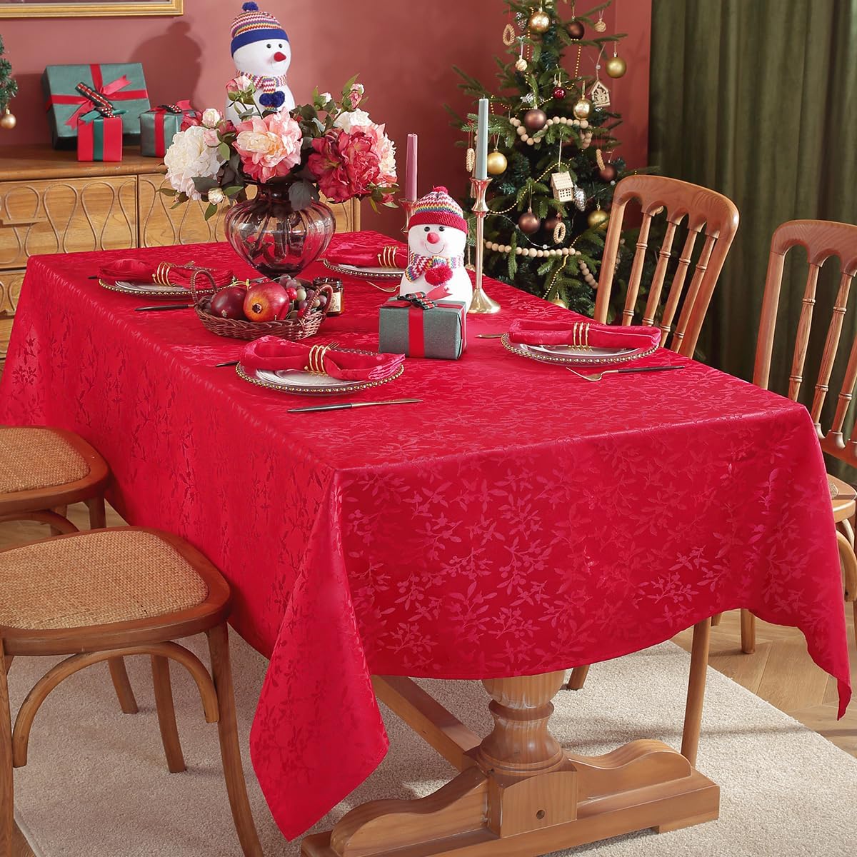 SASTYBALE Christmas Tablecloth Rectangle 52 x 70 Inch Holly Berry Jacquard Spill Proof Wrinkle Free Fabric Table Cloth, Damask Table Cover for Kitchen Dining, Party, Xmas, Winter, Holiday, Red