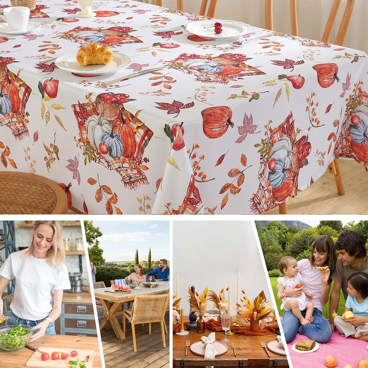SASTYBALE Fall Pumpkin Tablecloth Rectangle, Holiday Table Cloth with Printed Watercolor Pumpkins & Fall Leaves, Spill Proof Table Cover for Harvest Thanksgiving Table Decor (Rectangle, 60" x 102")
