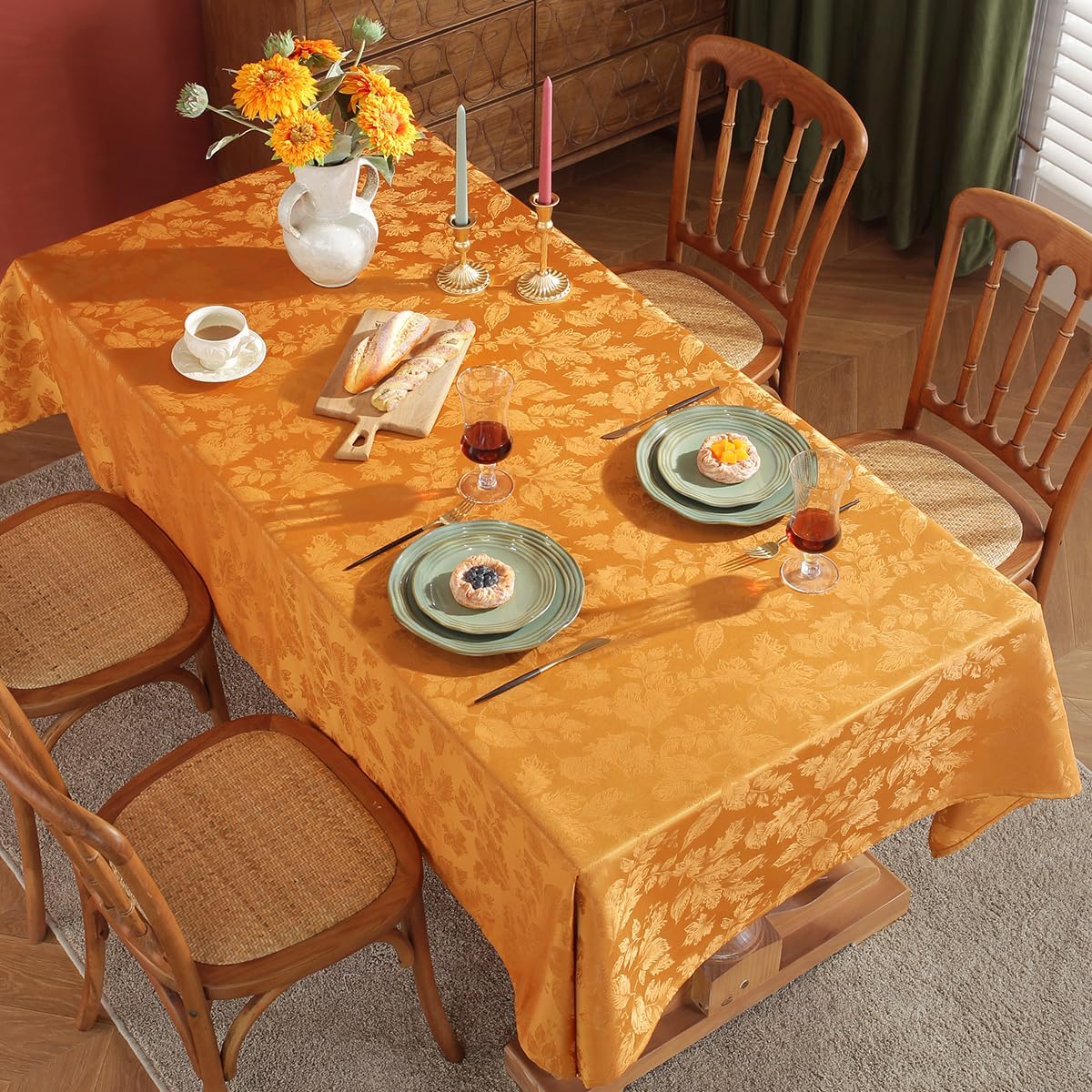 SASTYBALE Maple Leaves Jacquard Fall Tablecloth Oil/Water Proof Fabric Rectangle Table Cloth for Autumn, Harvest, Thanksgiving Oblong 52 x 70 Inch Amber