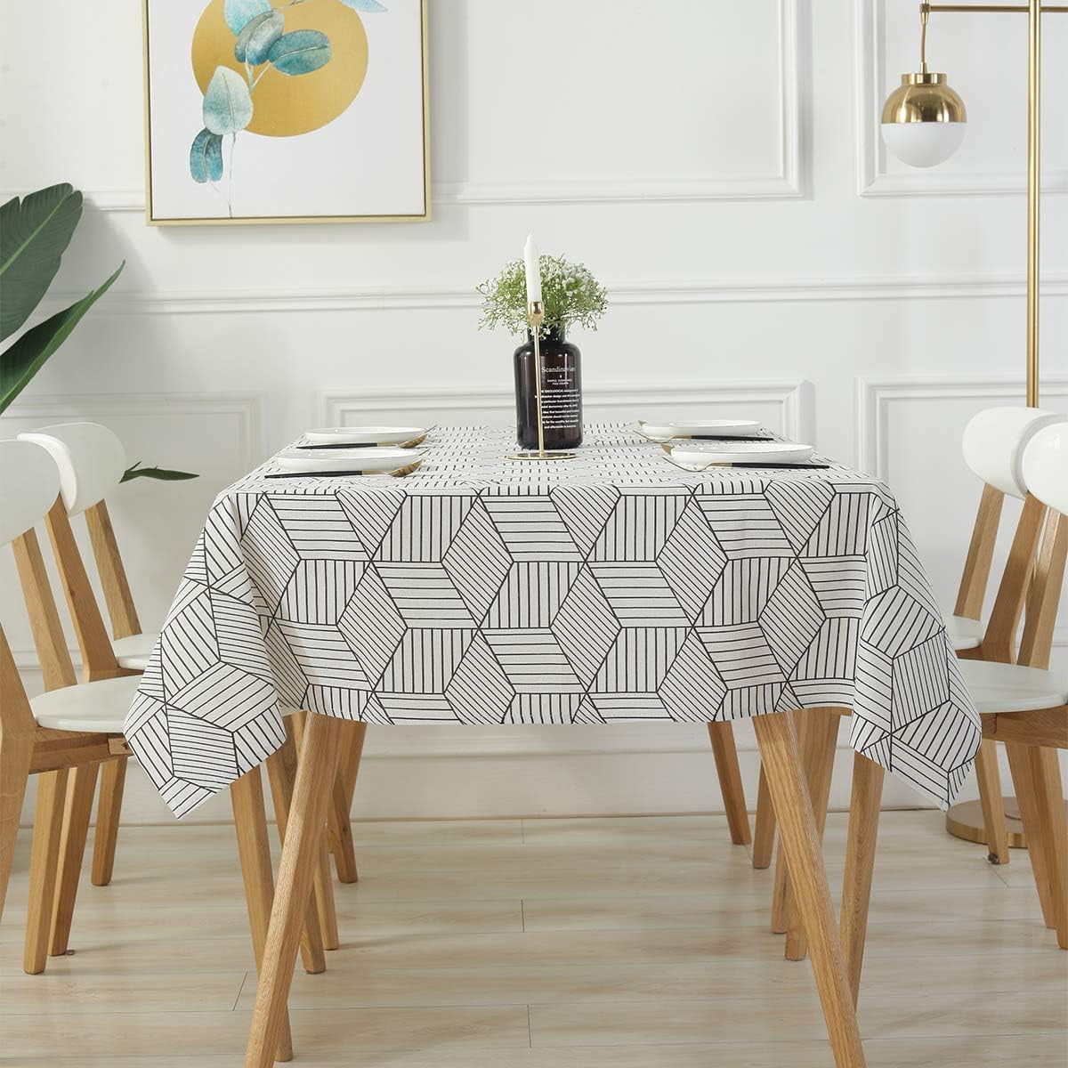 SASTYBALE Square Tablecloth Geometric Style Cotton Linen Table Cloth Dust-Proof Table Cover for Kitchen Dinning Tabletop Decoration (Square/Round, 55" x 55" (2-4 Seats))