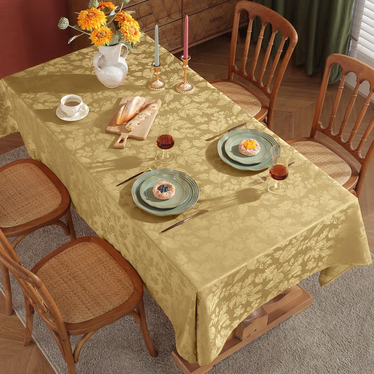 SASTYBALE Autumn Leaves Jacquard Rectangle Tablecloth Waterproof Wrinkle Free Fabric Damask Table Cloth for Fall, Harvest, Thanksgiving, Indoor, Outdoor 60 x 84 Inch Gold