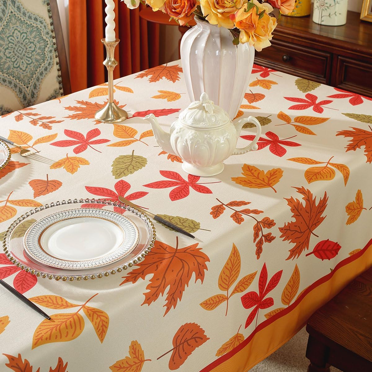 SASTYBALE Maple Leaves Thanksgiving Tablecloth Rectangle 60 x 102 Inch Wrinkle Free Non Slip Autumn Vintage Table Cloth, Heavy Weight Fabric Table Cover for Fall, Harvest, Country Farmhouse, Orange