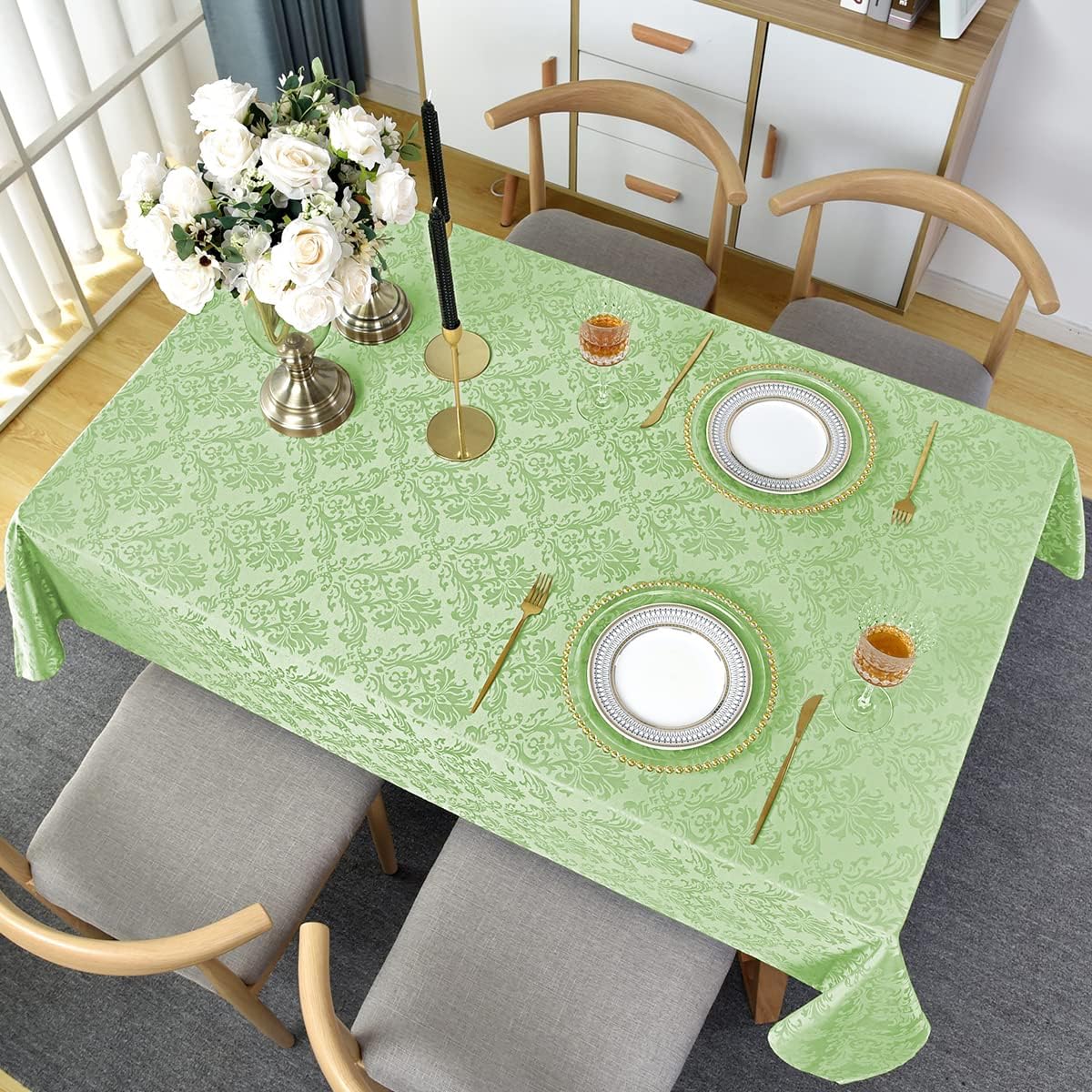 SASTYBALE Jacquard Damask Tablecloth Rectangle 52 x 70 Inch Green, Spill Proof Oil Proof Wrinkle Resistant Tables Cloth, Polyester Table Cover for Dining, Party, Indoor, Outdoor